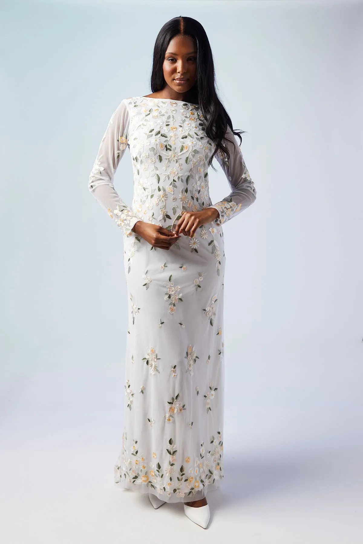 All Over Embroidered Wildflower Long Sleeve Wedding Dress