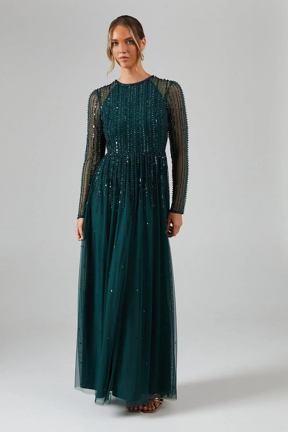 Long Sleeve Linear Embellished And Beaded Bridesmaid Dress