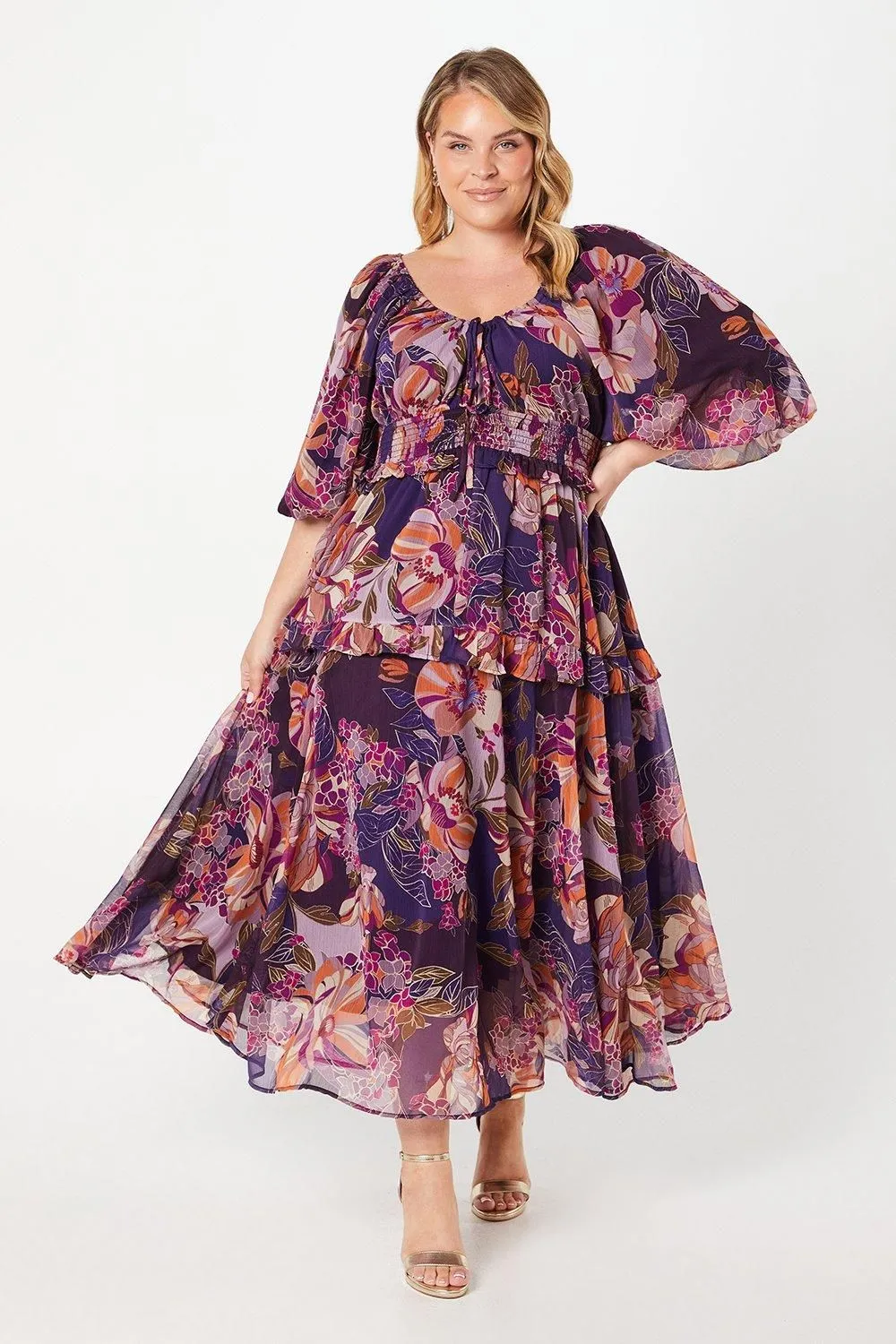 Plus Size Balloon Sleeve Midi Dress With Ruched Waist