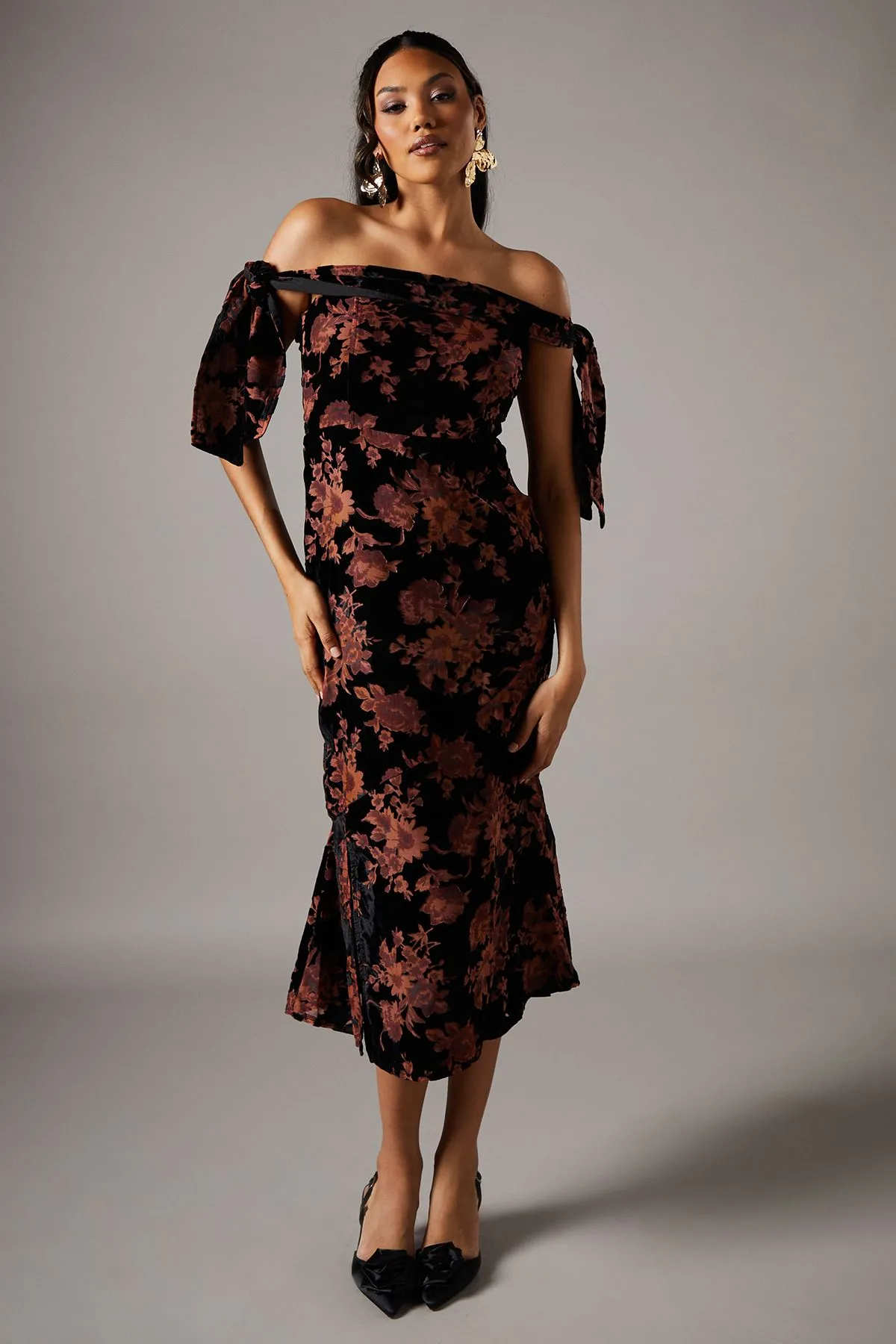 Velvet Bardot Midi Wedding Guest Dress