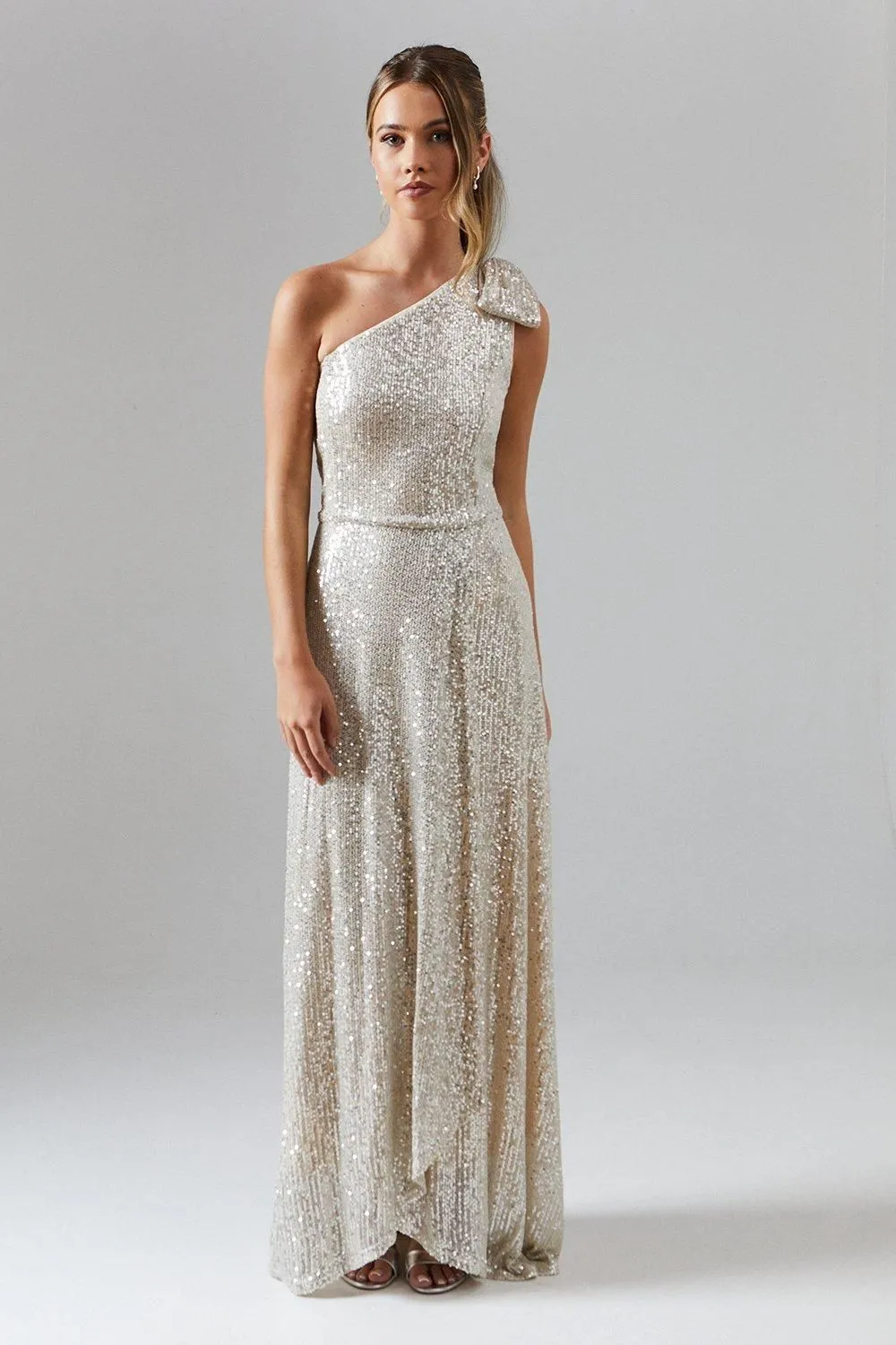 Teen Coast Sequin Bow One Shoulder Maxi Bridesmaids Dress