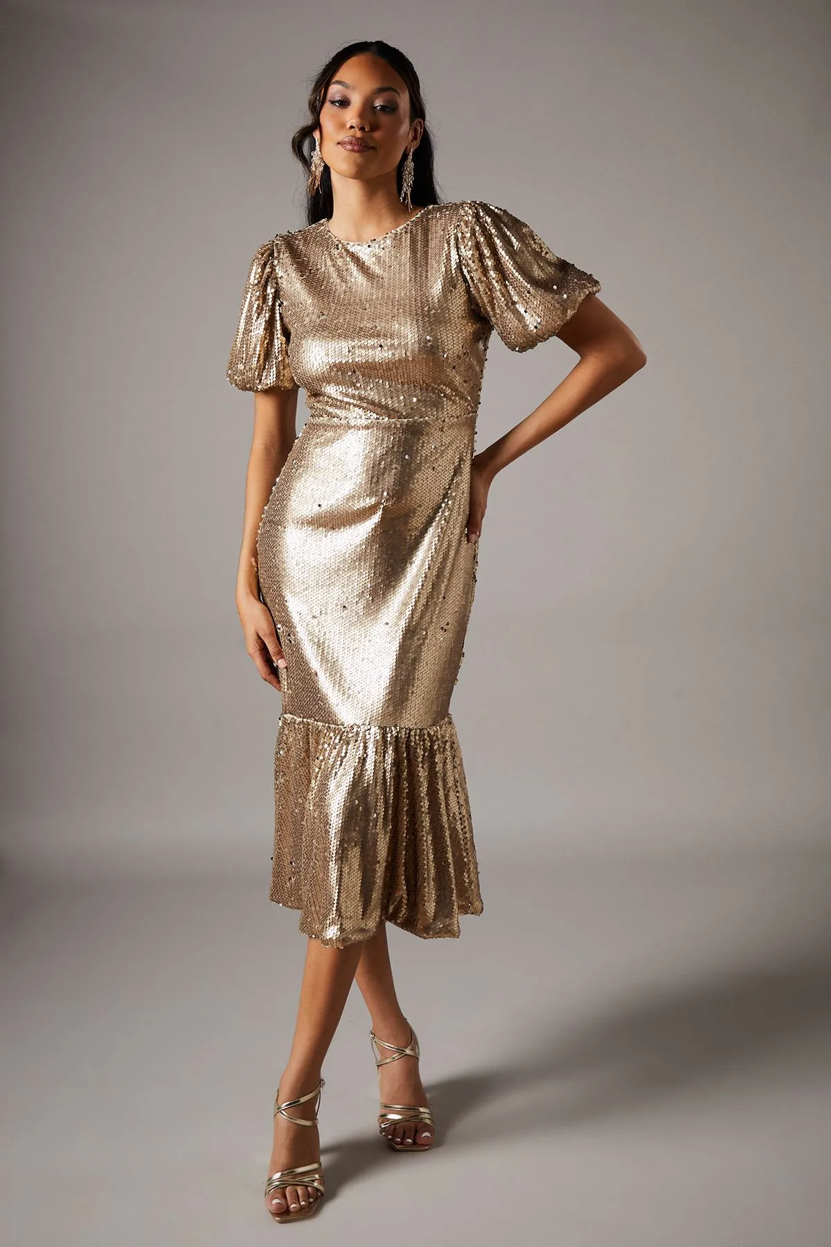 Party Sequin Gold Midi Dress With Puff Sleeve