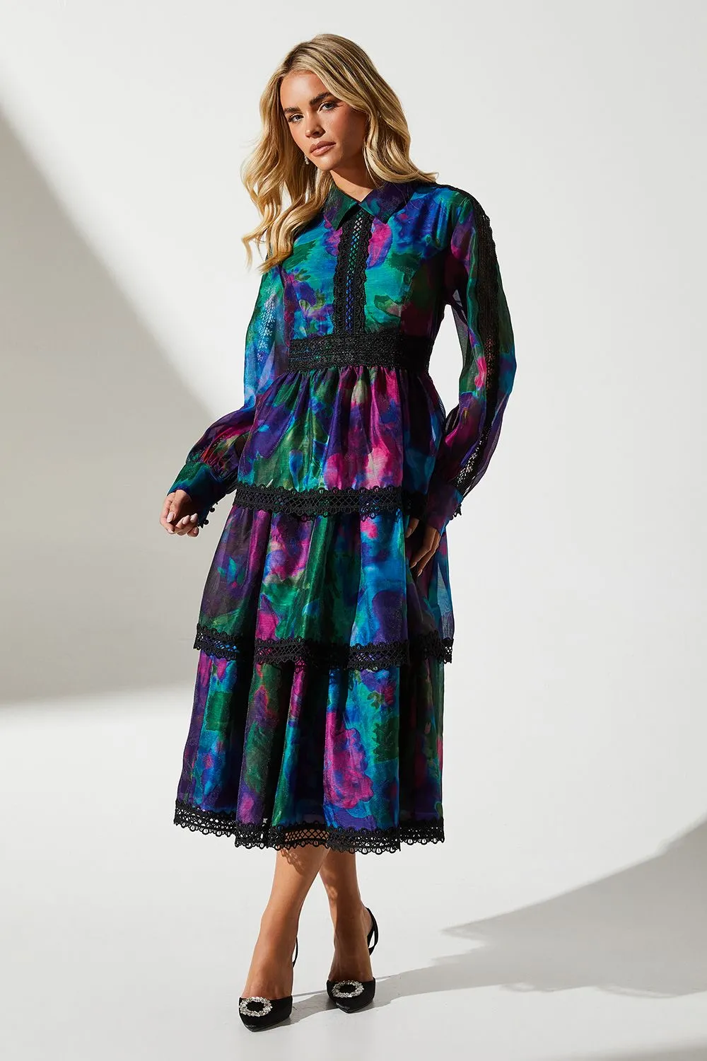 Petite Printed Organza Long Sleeve Midi Wedding Guest Dress