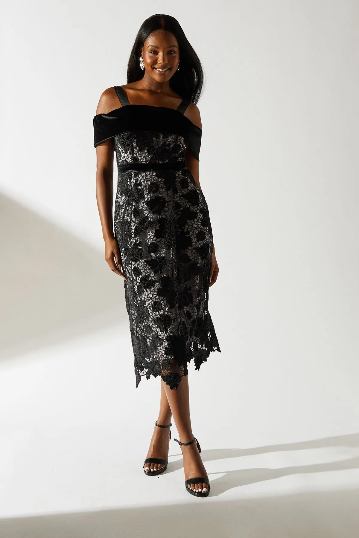 Bardot Detail Velvet Lace Pencil Dress With Contrast Lining