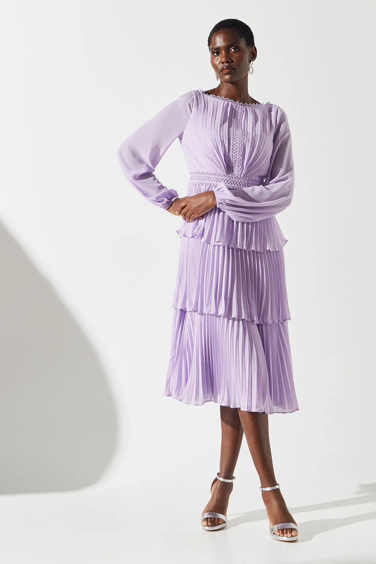 Pleated Lace Trim Tiered Midi Dress