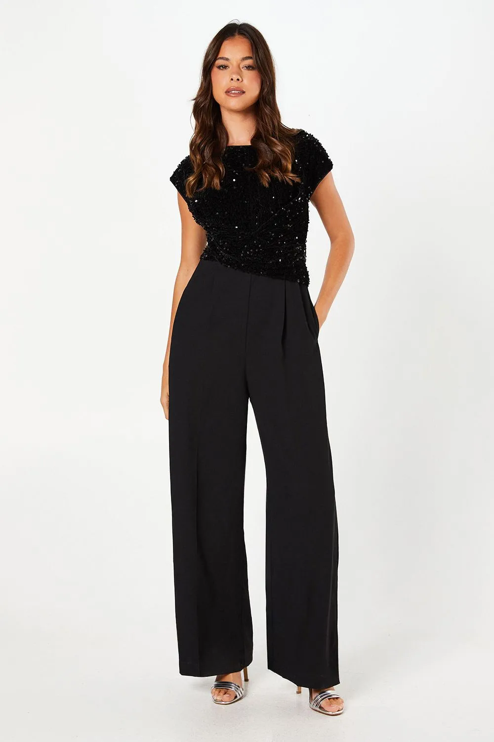 Velvet Sequin Jumpsuit with Cap Sleeve