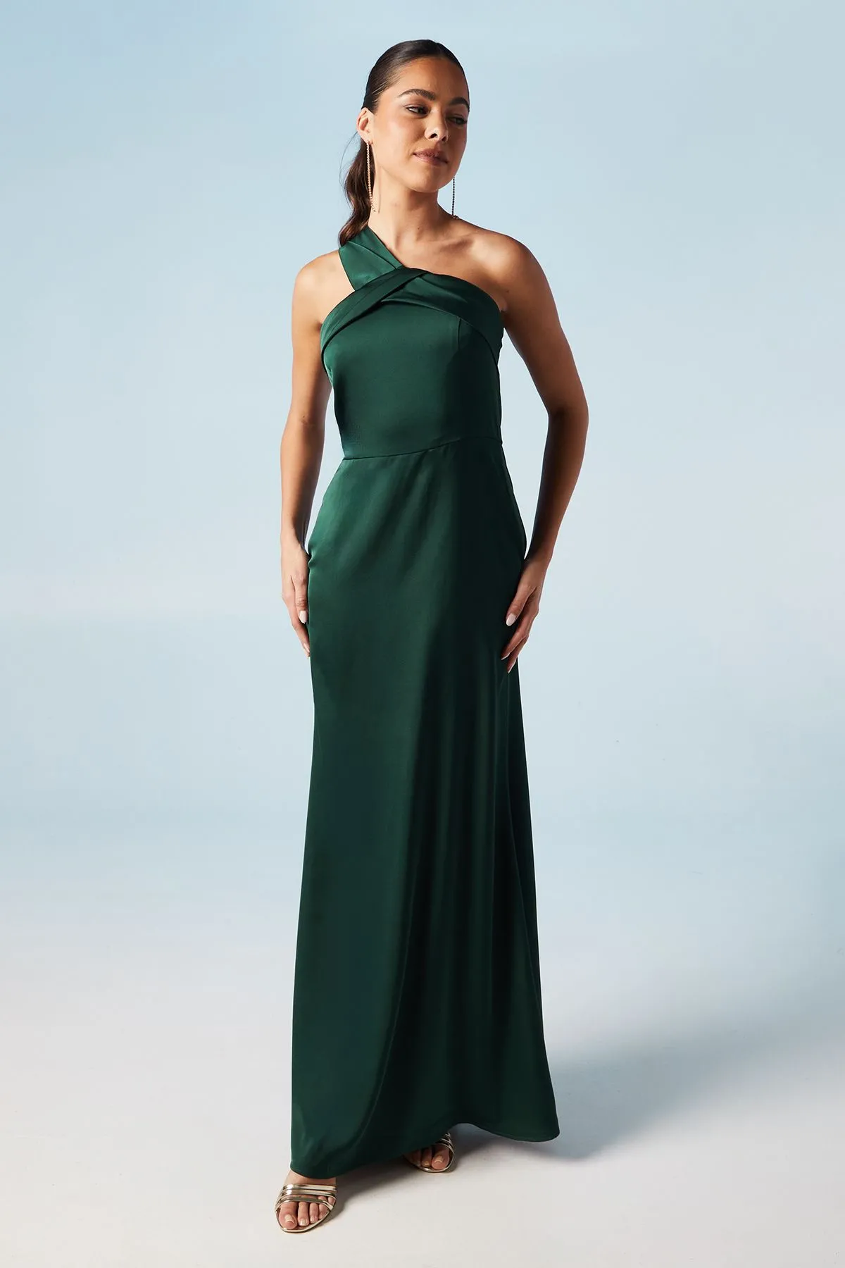 Asymmetric Neckline Satin Bridesmaid Maxi Dress