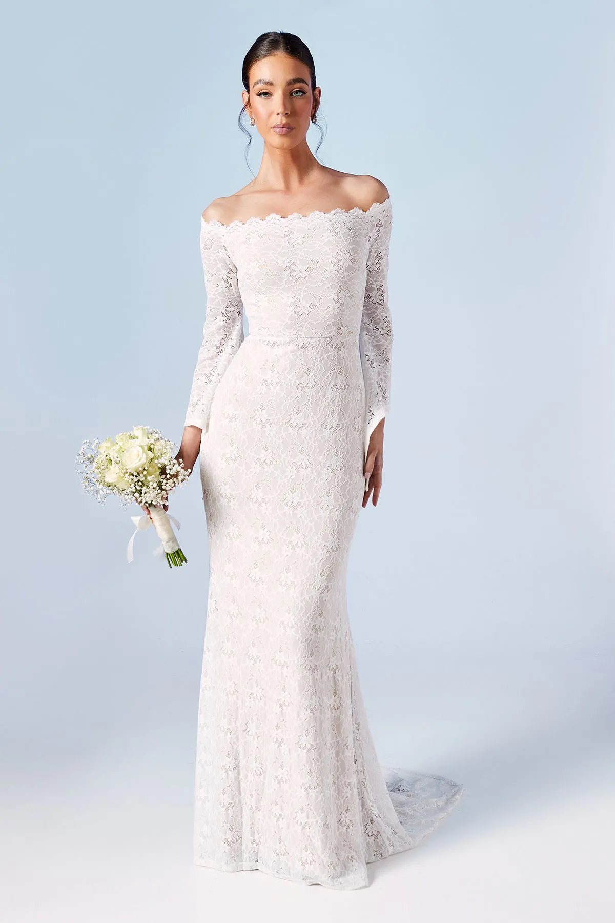 Bardot Boho Lace Fishtail Wedding Dress