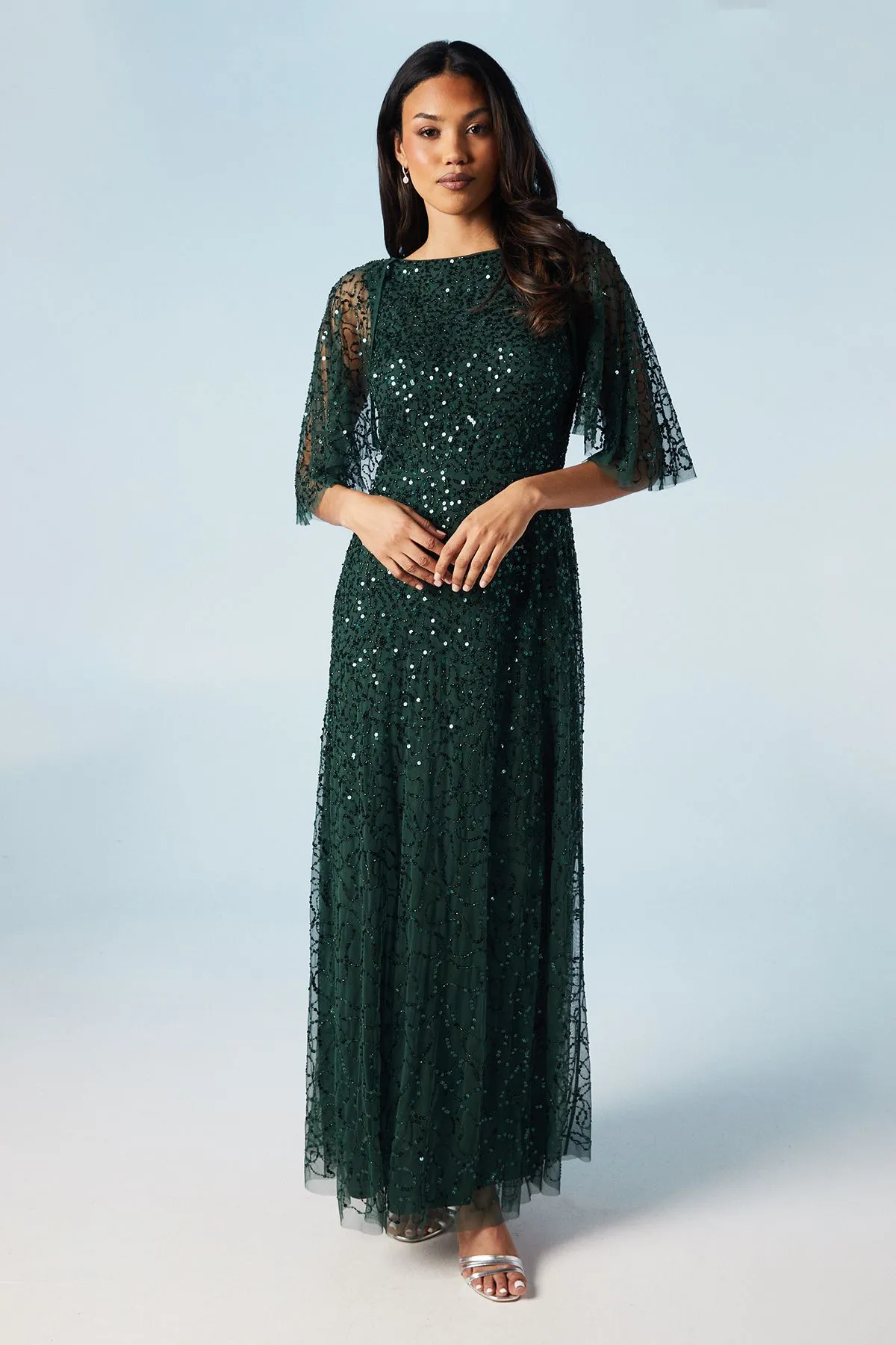 Cape Sleeve All Over Sequin Bridesmaid Dress