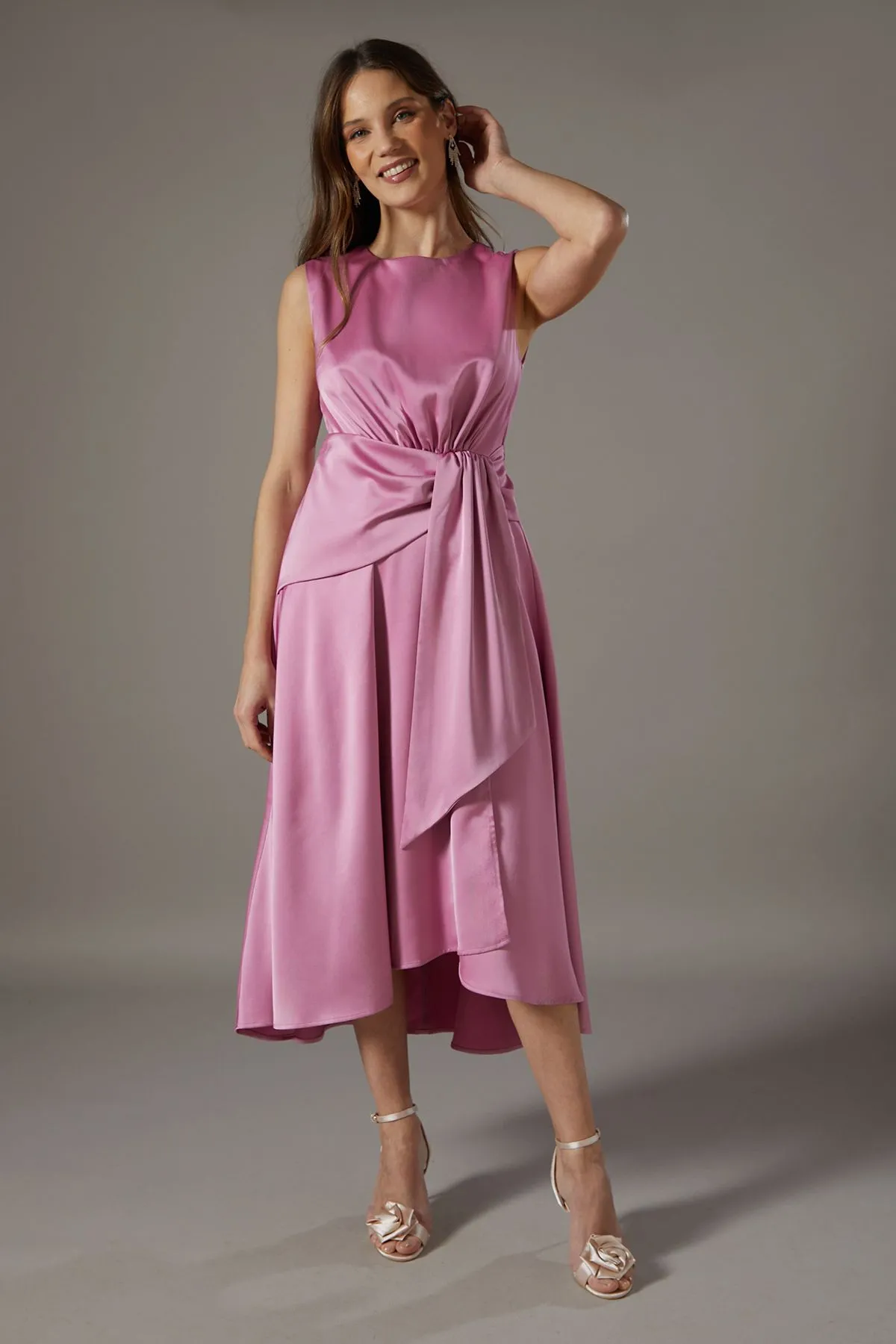 Wrap Waist Sleeveless Satin Dress