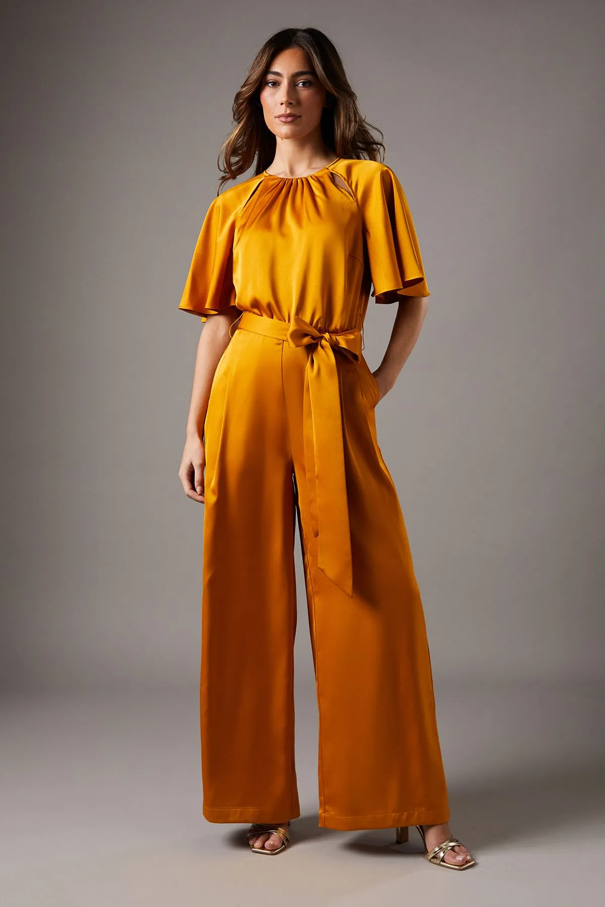 Belted Satin Angel Sleeve Jumpsuit
