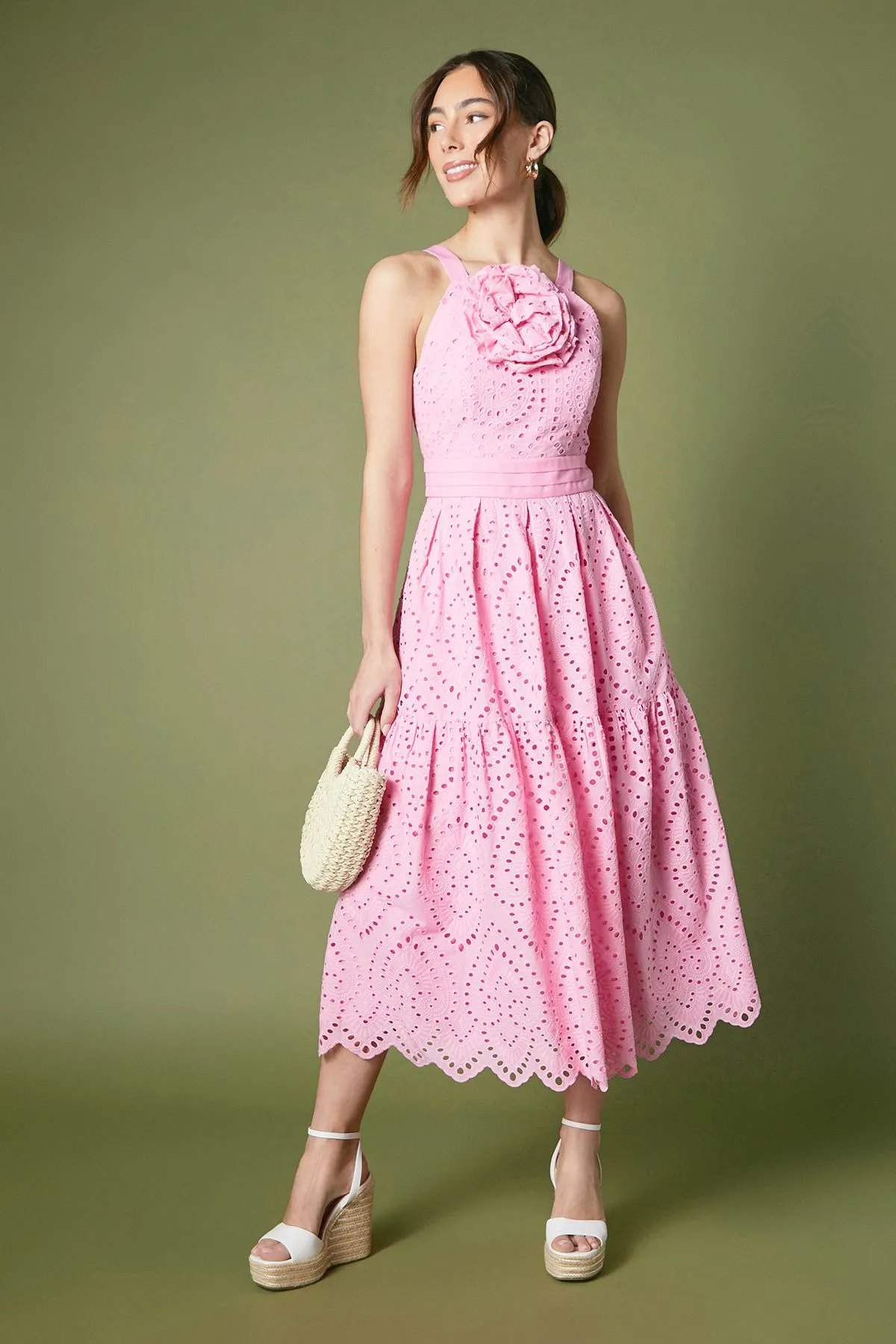 Broderie Corsage Strappy Midi Dress