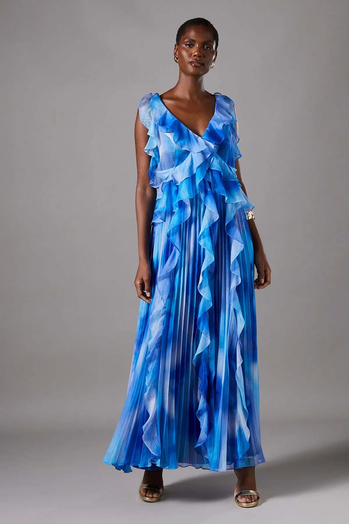 Sleeveless V Neck Chiffon Frill Maxi Holiday Dress