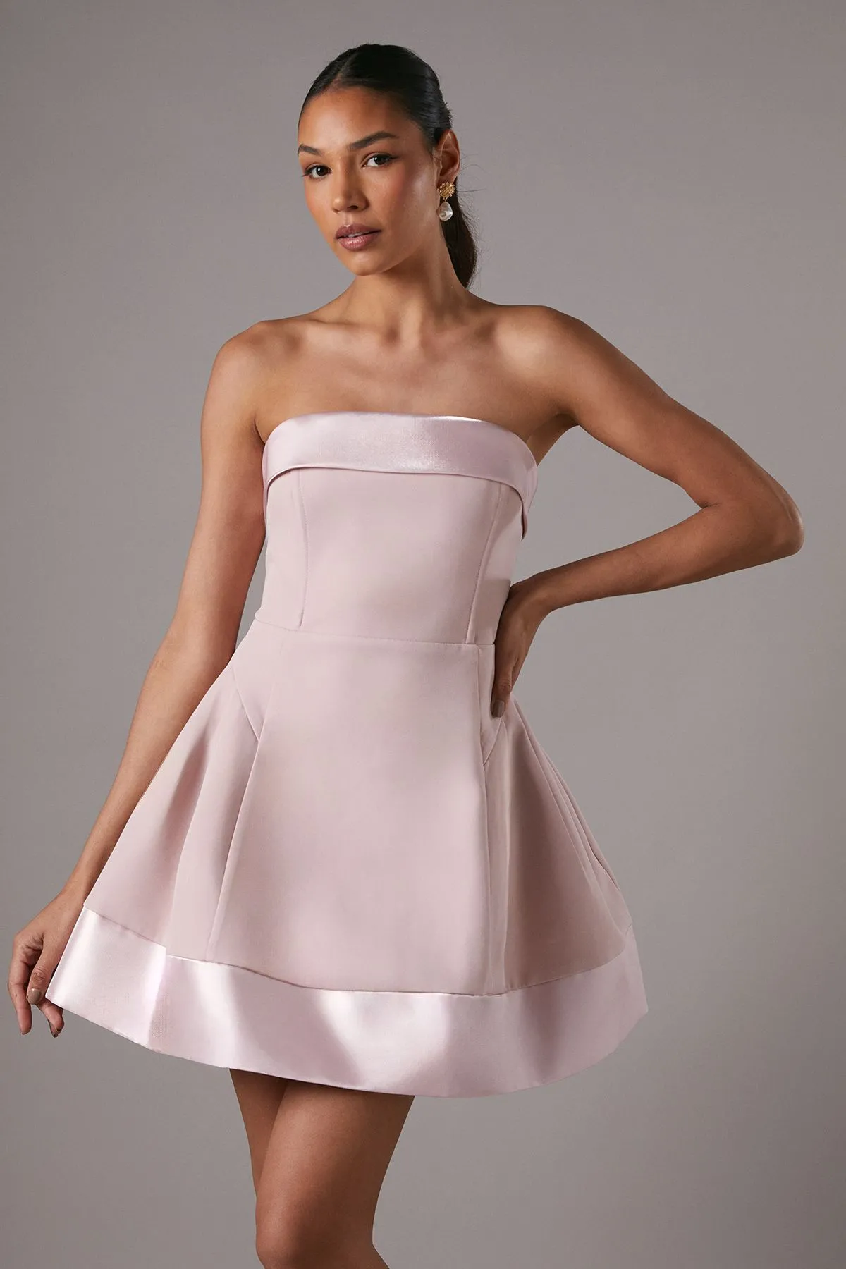 Bandeau Satin Detail Pleated Mini Dress