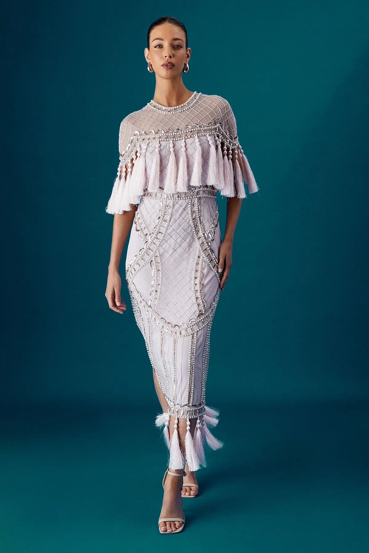 Coast Muse Tassel Cape Sequin Maxi Dress