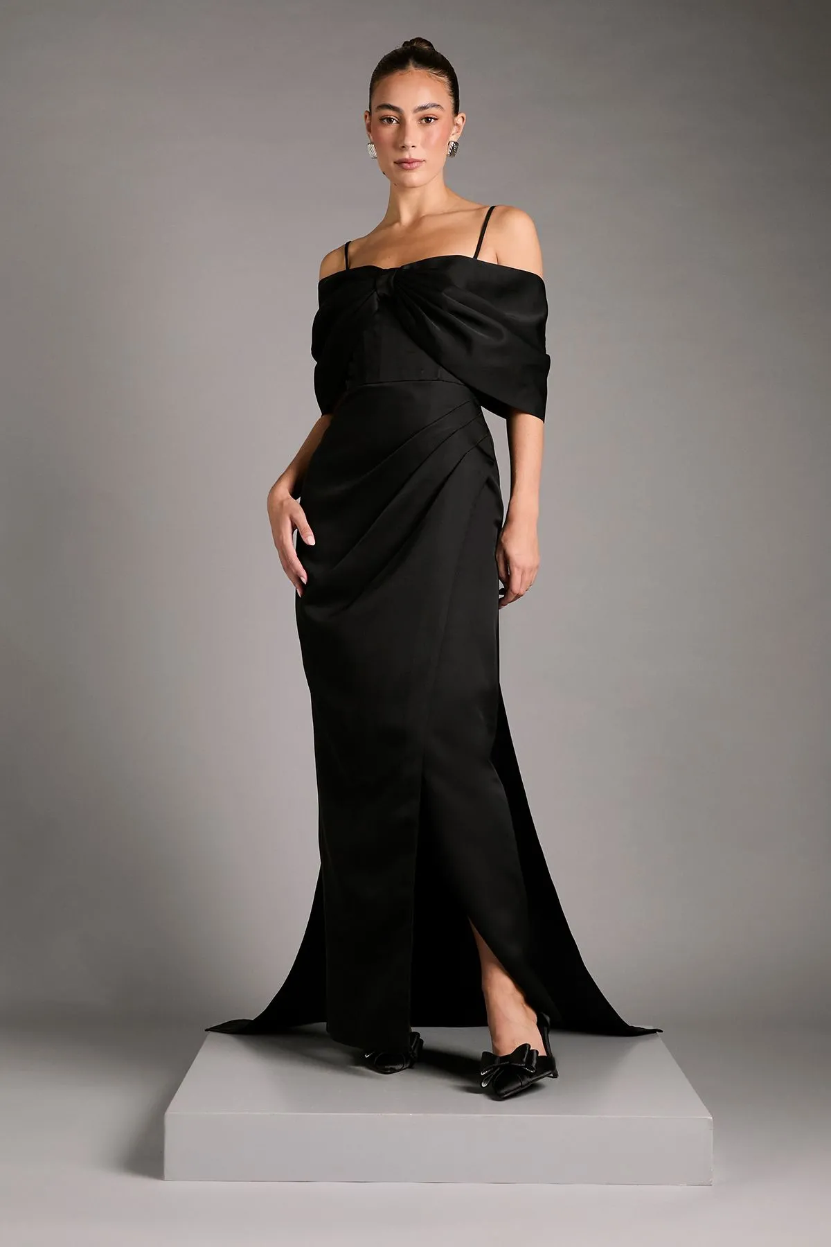 Bardot Satin Dress With Bow Back Detail