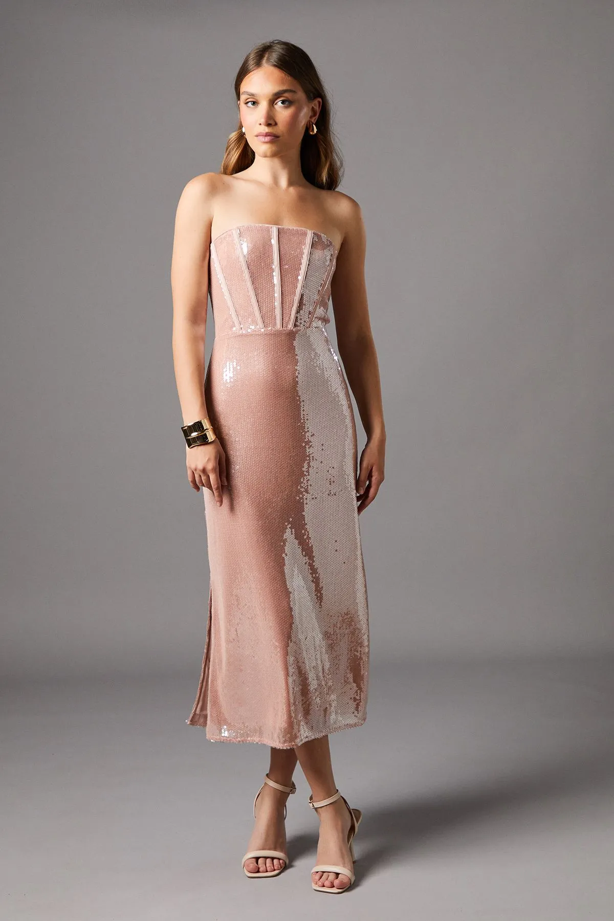 Bandeau Corset Sequin Midi Dress