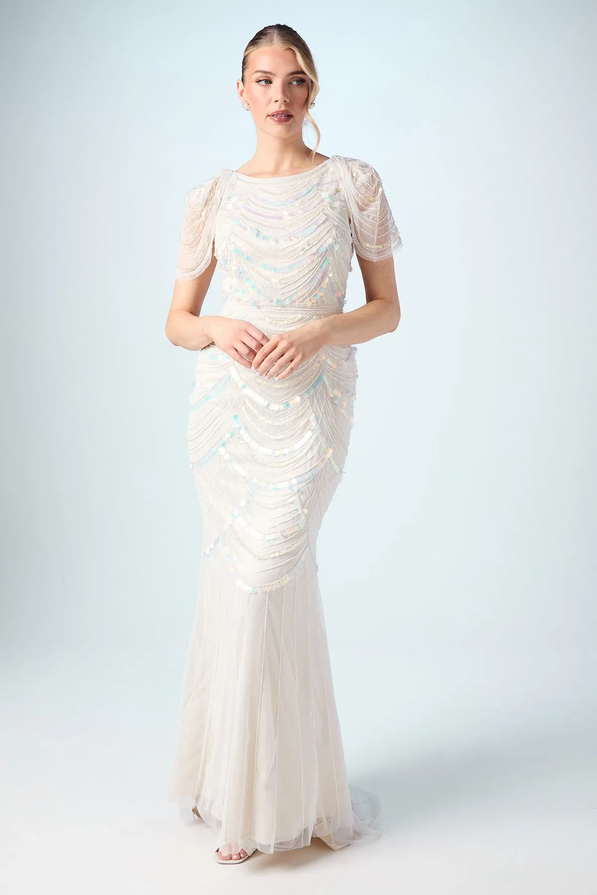 Beaded Tulle Wedding Dress with Cap Sleeve