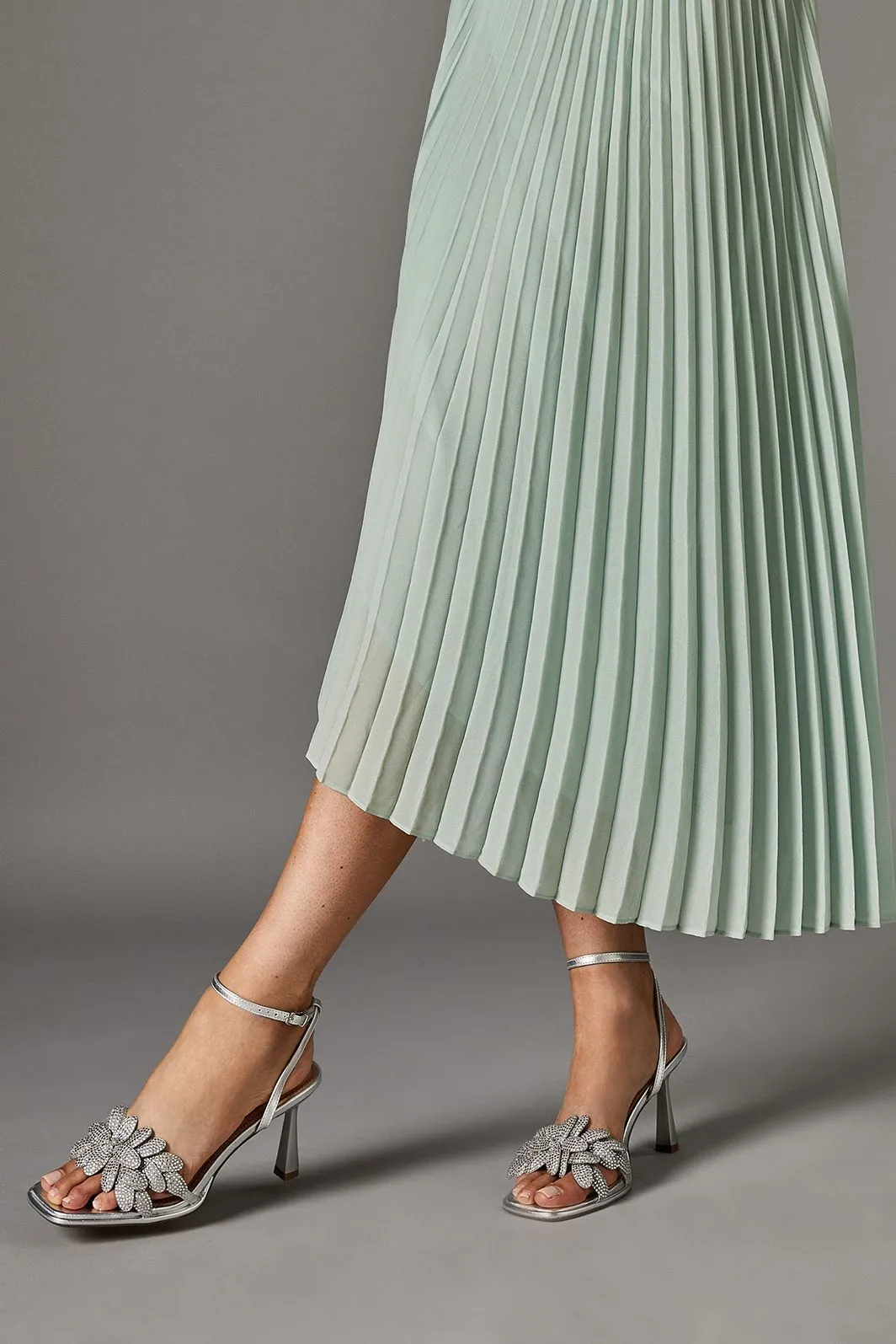 Sandie Faux Metallic Leather Diamante Petal High Heel Platform Sandals