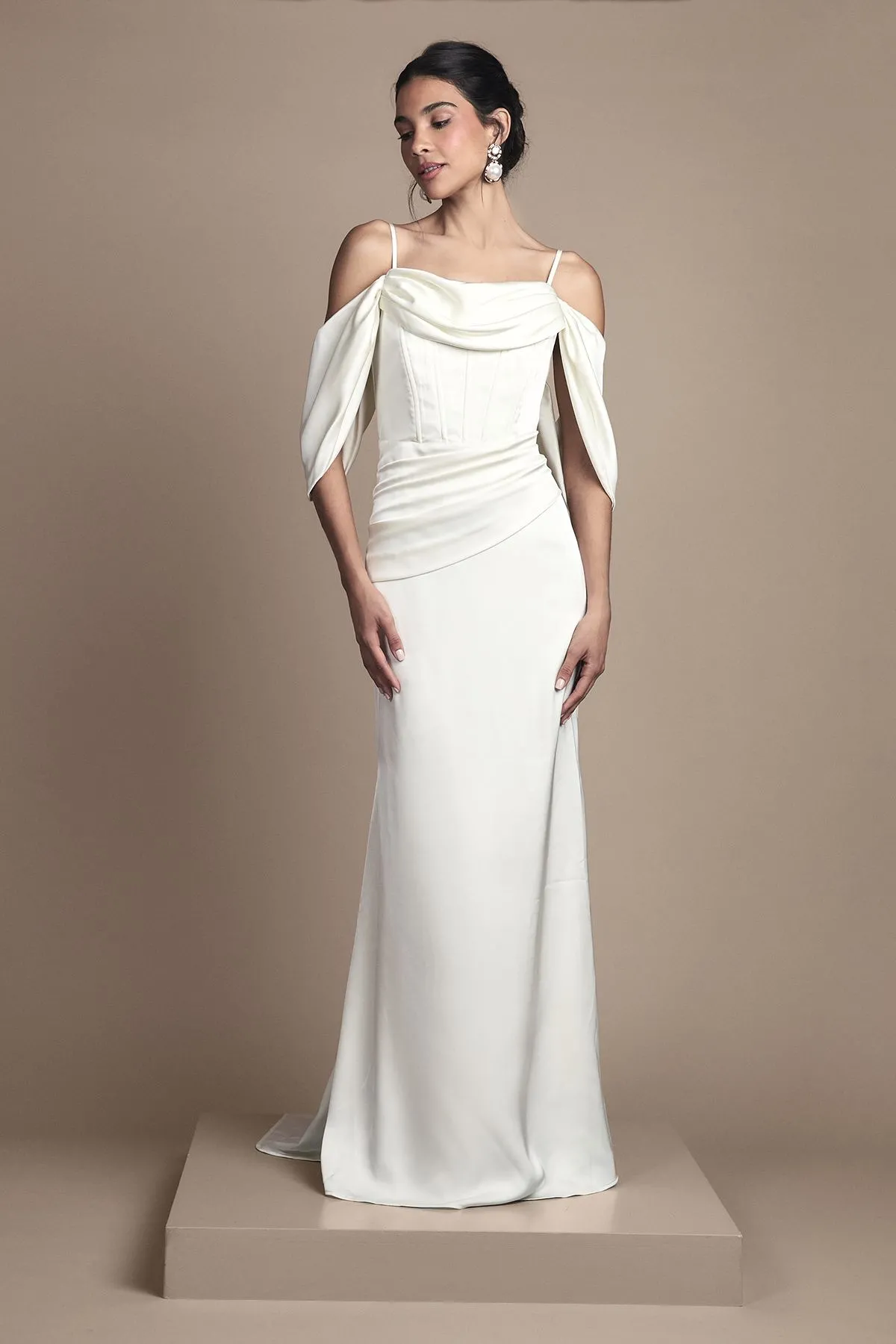 Cowl Neck Corset Drape Satin Maxi Wedding Dress