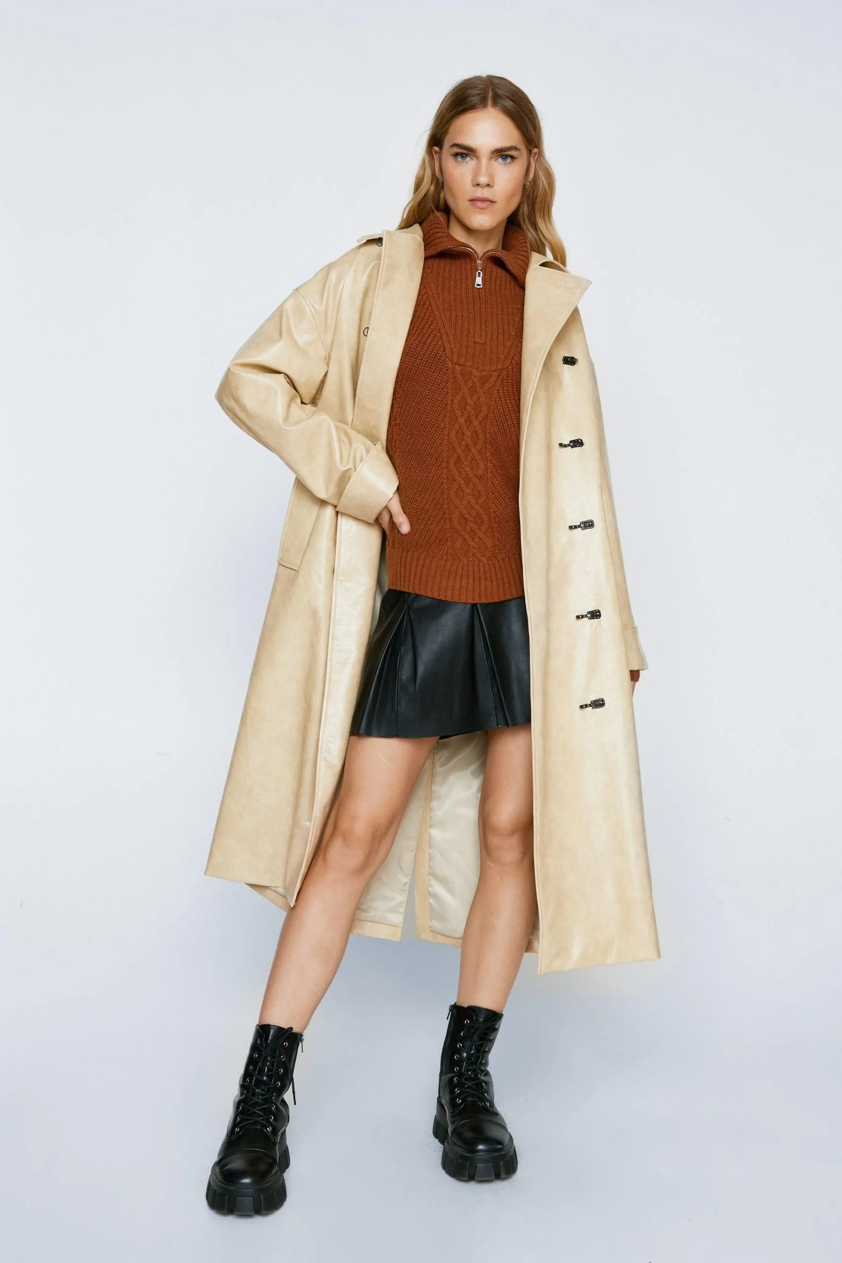 Premium Toggle Detail Faux Leather Vinyl Coat