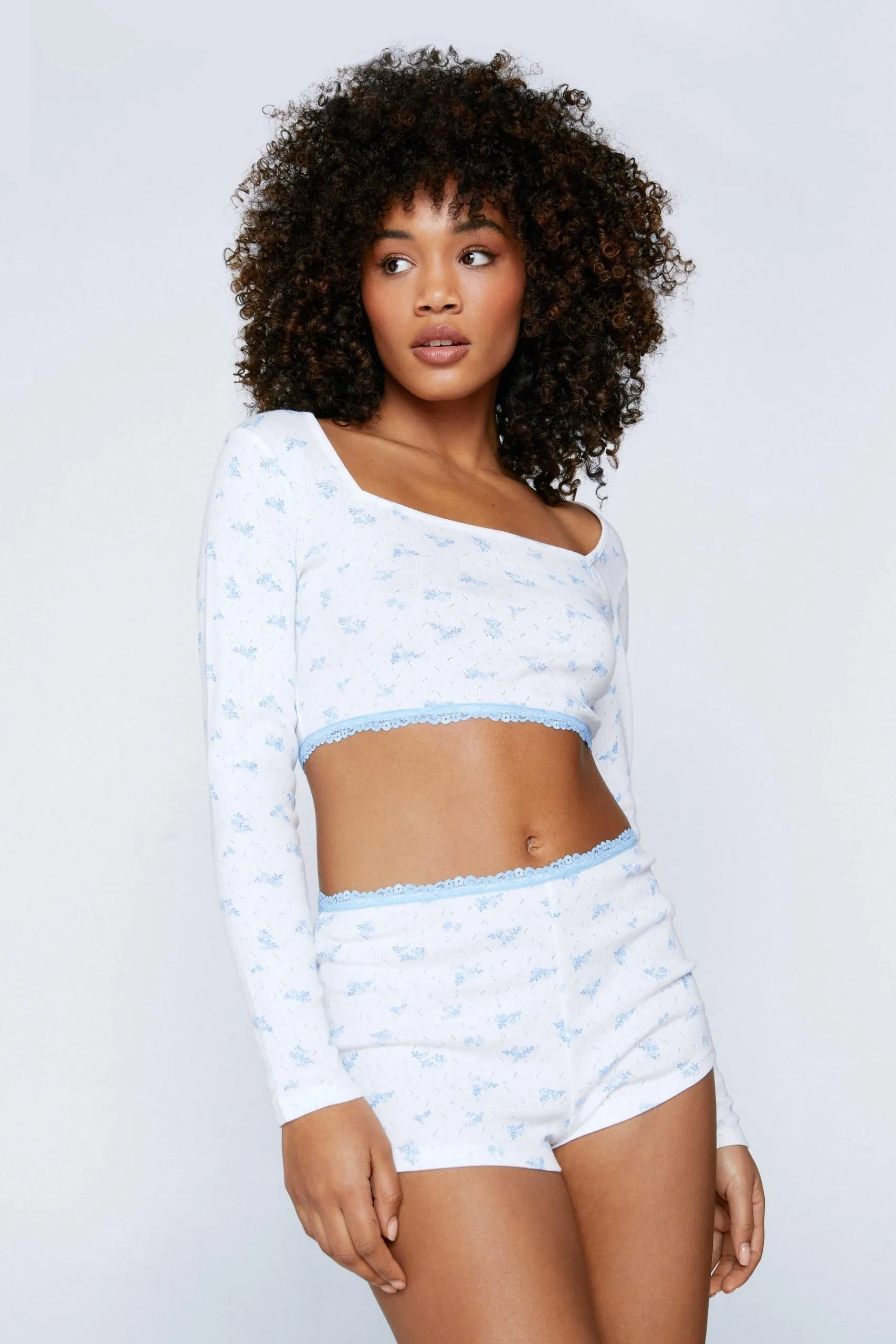 Floral Print Pointelle Lace Trim Crop & Shorts Pajama Set