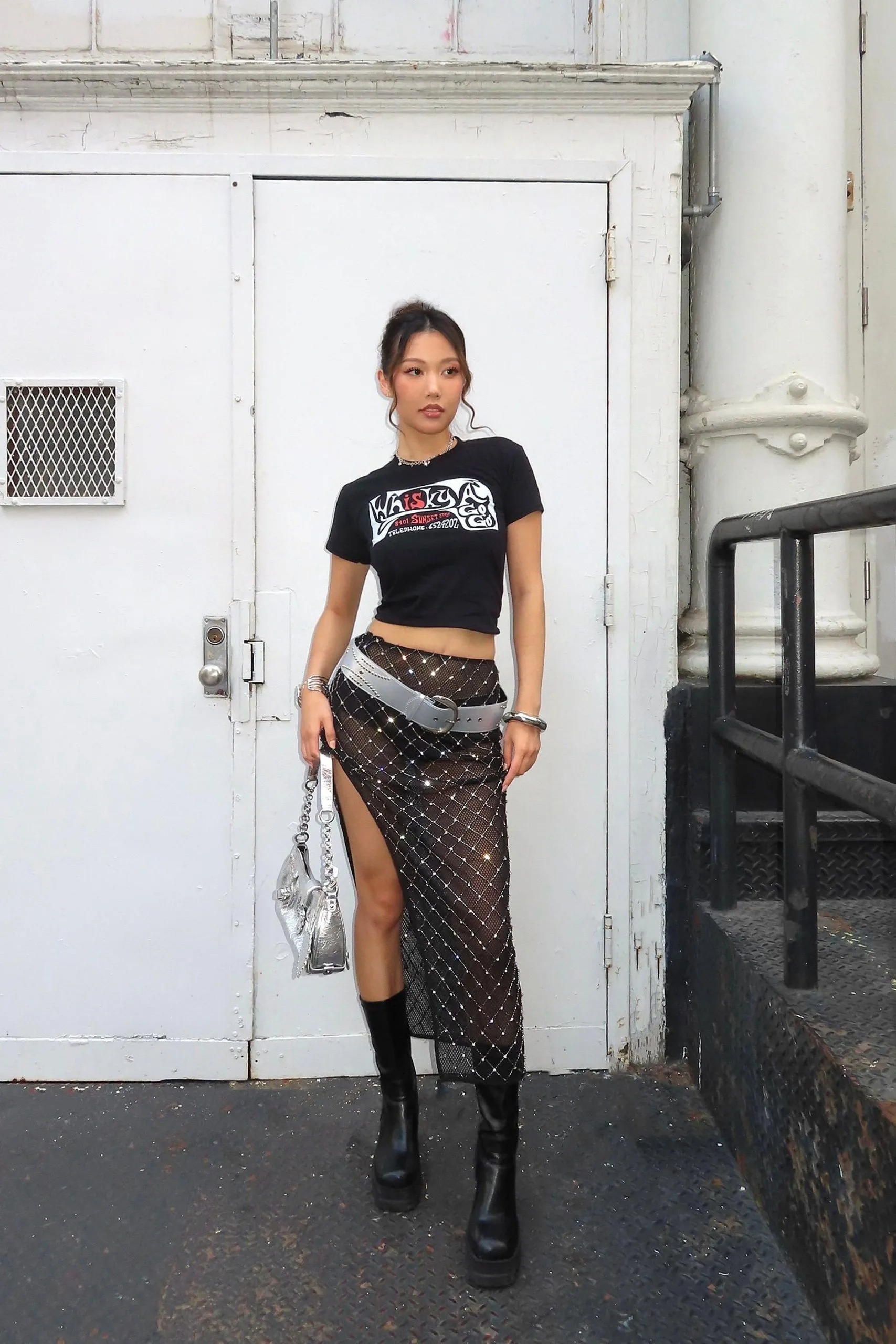 Bling Hand Beaded Diamante Split Side Sheer Maxi Skirt