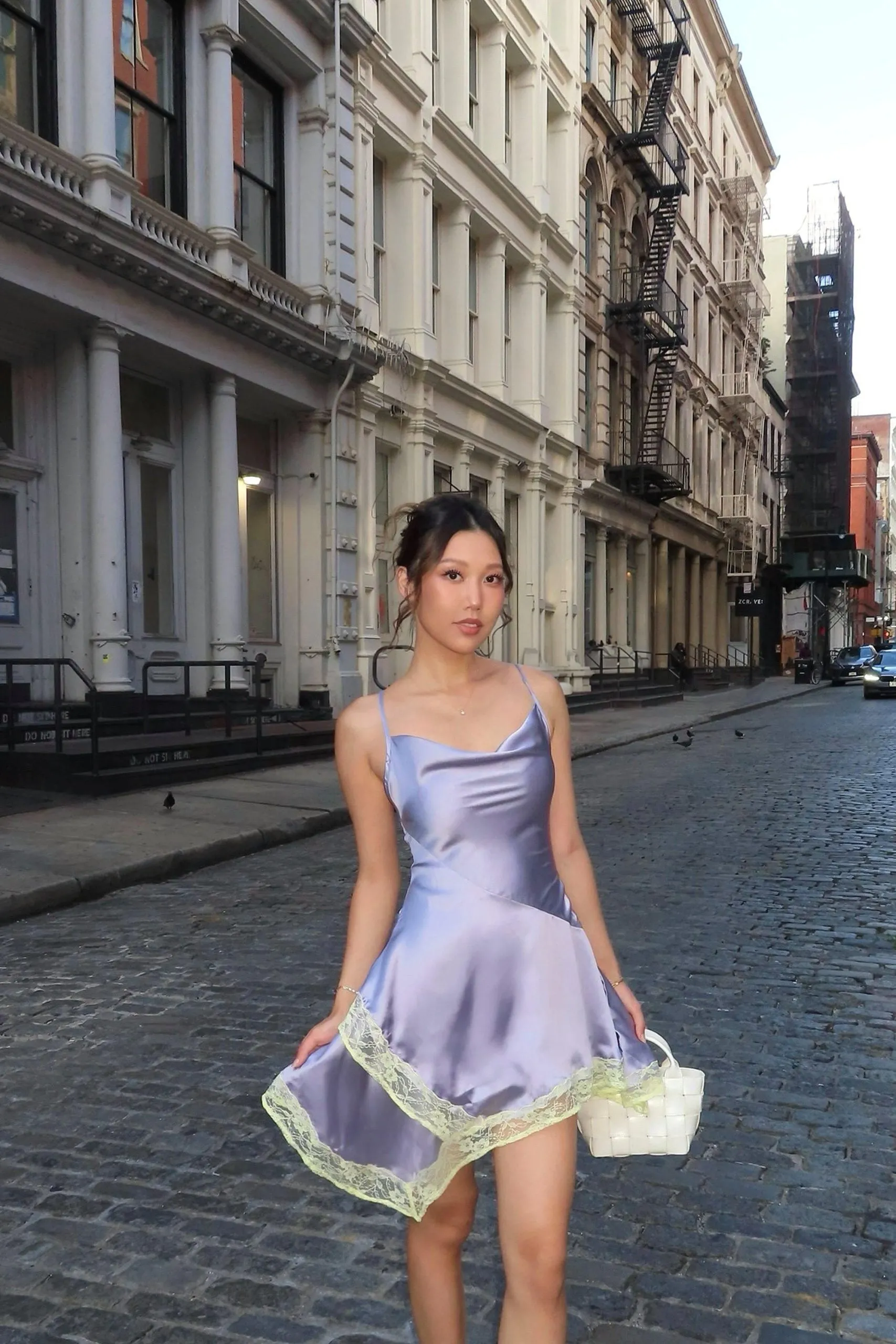 Contrast Lace Applique Satin Cowl Mini Dress