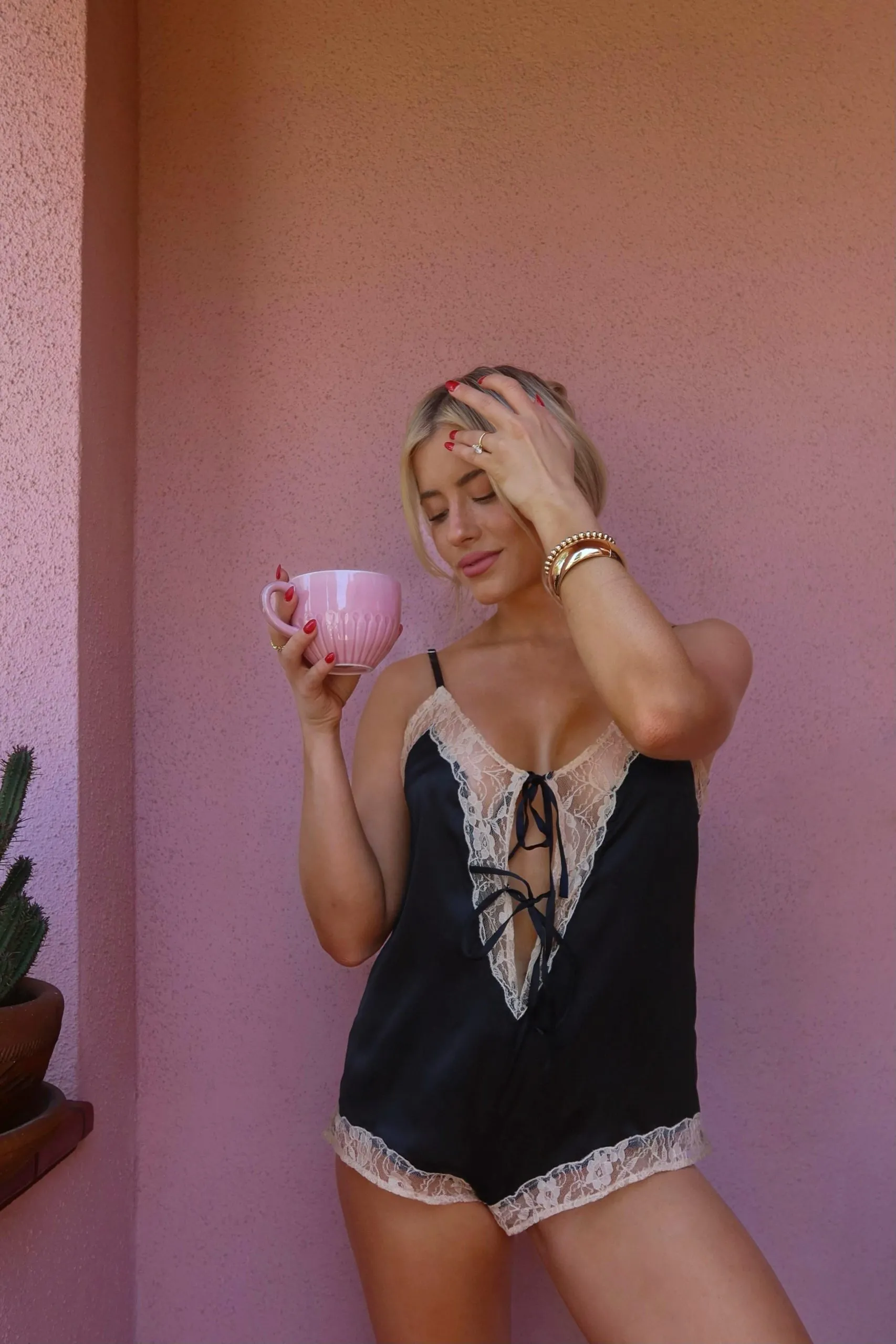 Contrast Lace Tie Detail Satin Bodysuit