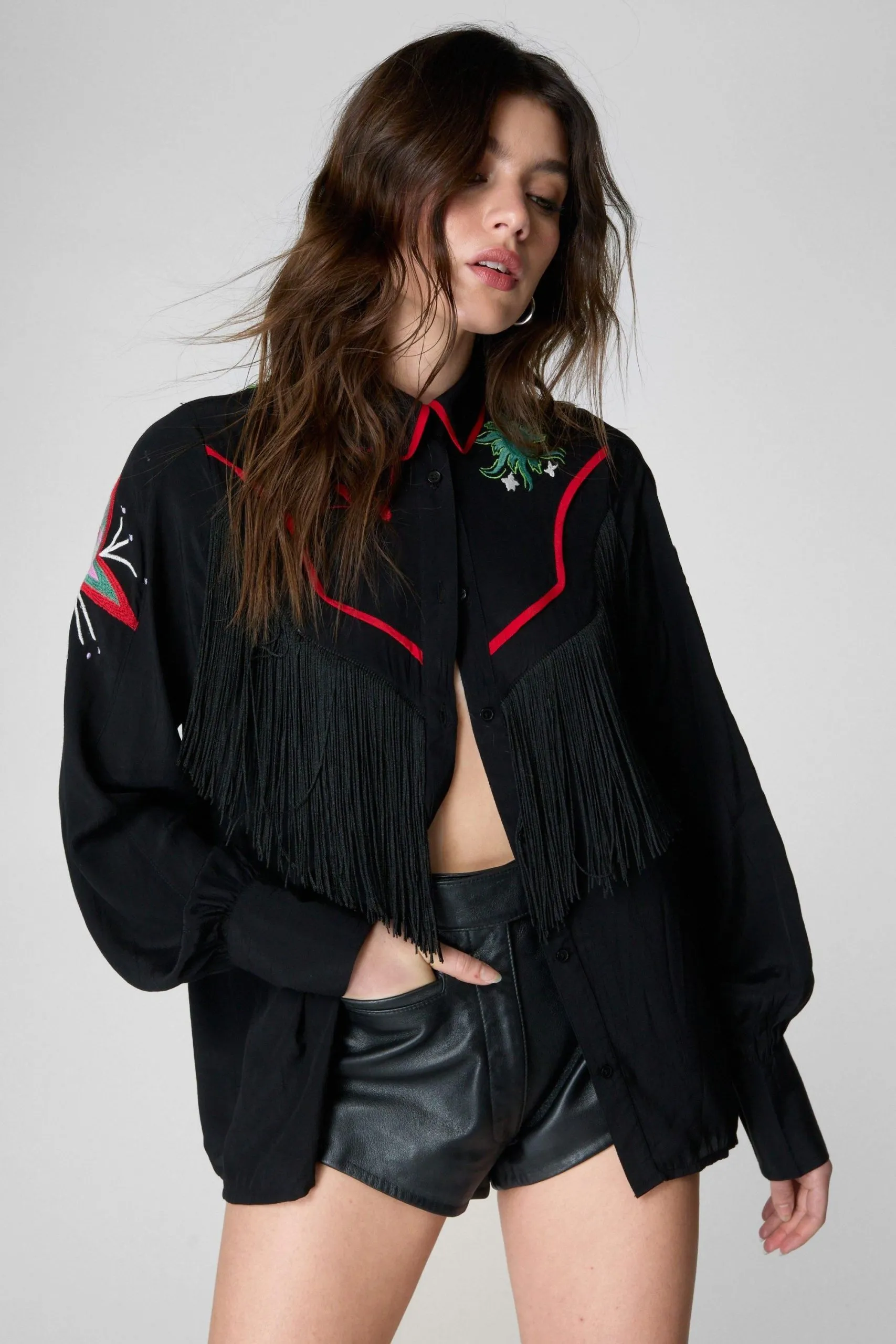 Conversational Embroidered Fringe Western Shirt