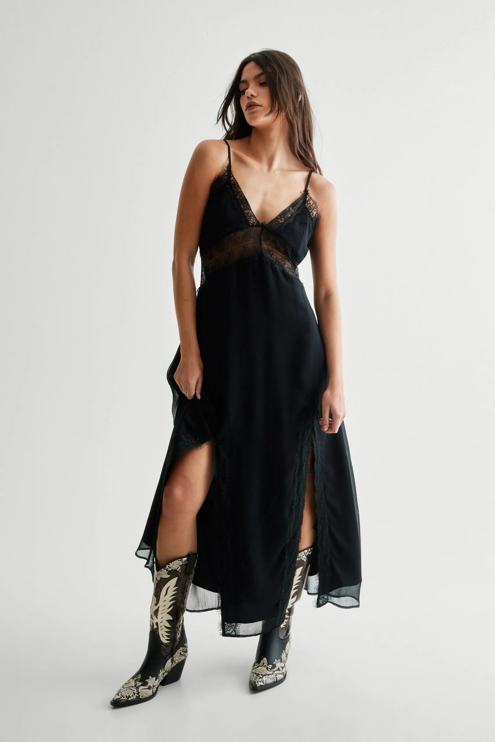 Crinkle Chiffon Lace Insert Double Split Maxi Slip Dress