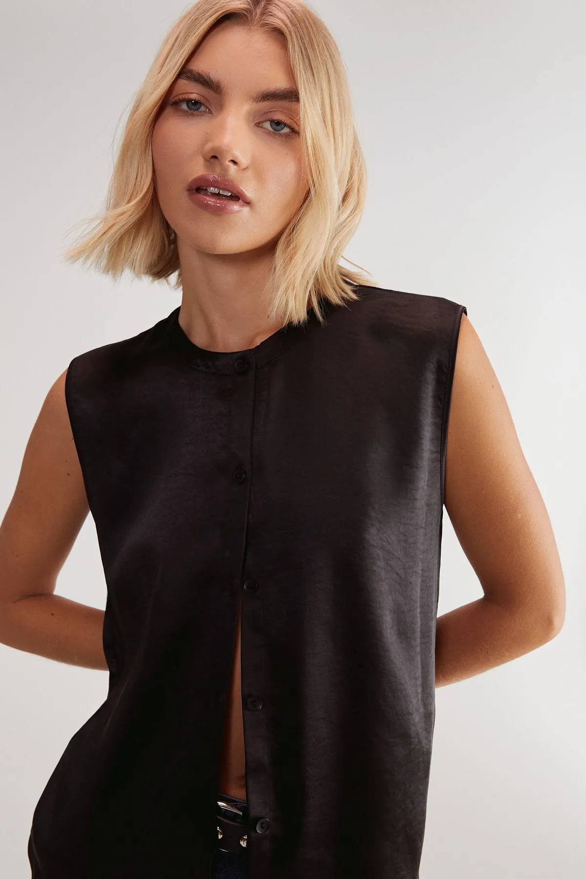 Textured Satin Button Through Collarless Vest