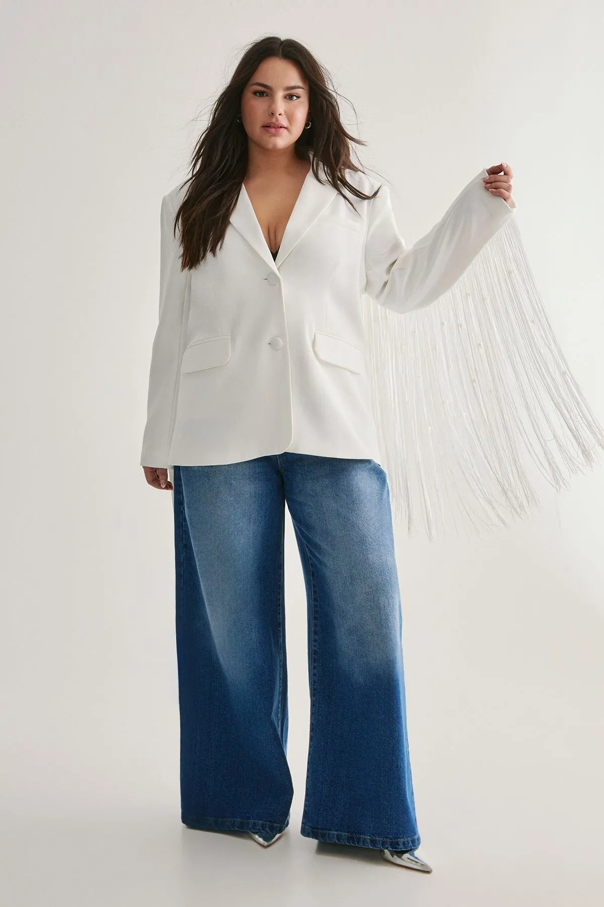 Plus Premium Pearl Trim Fringe Blazer