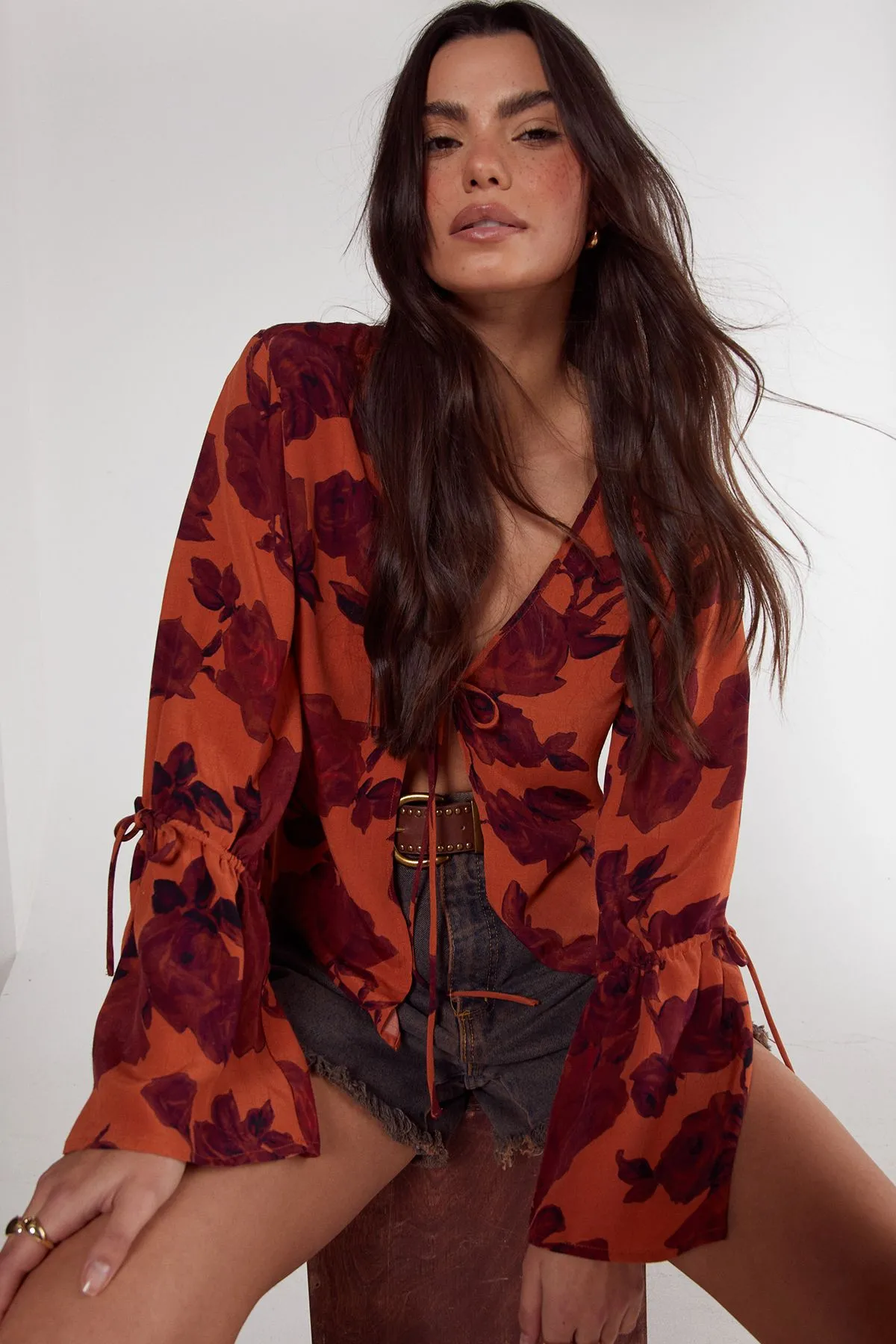 Vintage Floral Tie Detail Fluted Sleeve Top