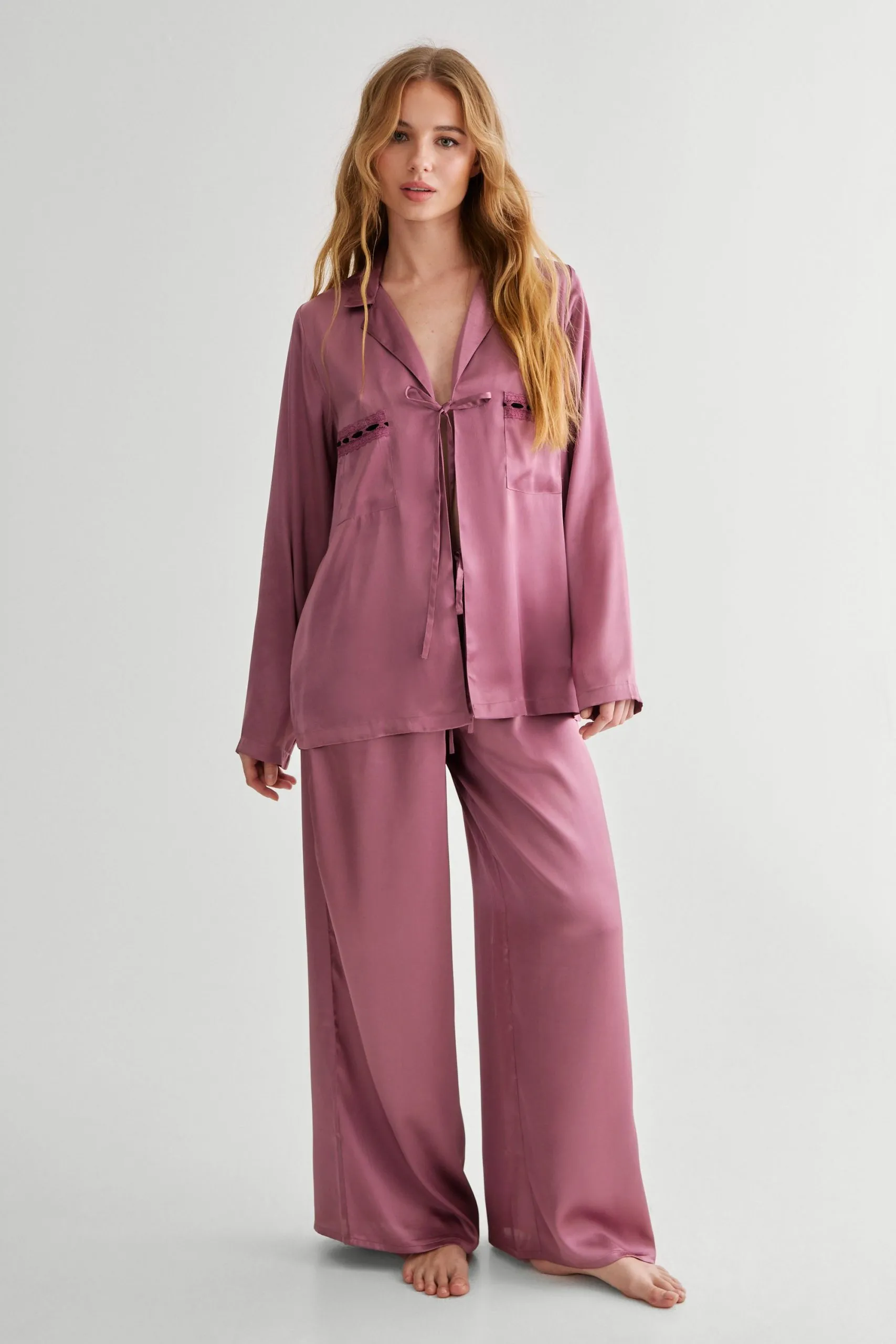 Tie Front Shirt And Pajama Pants Set