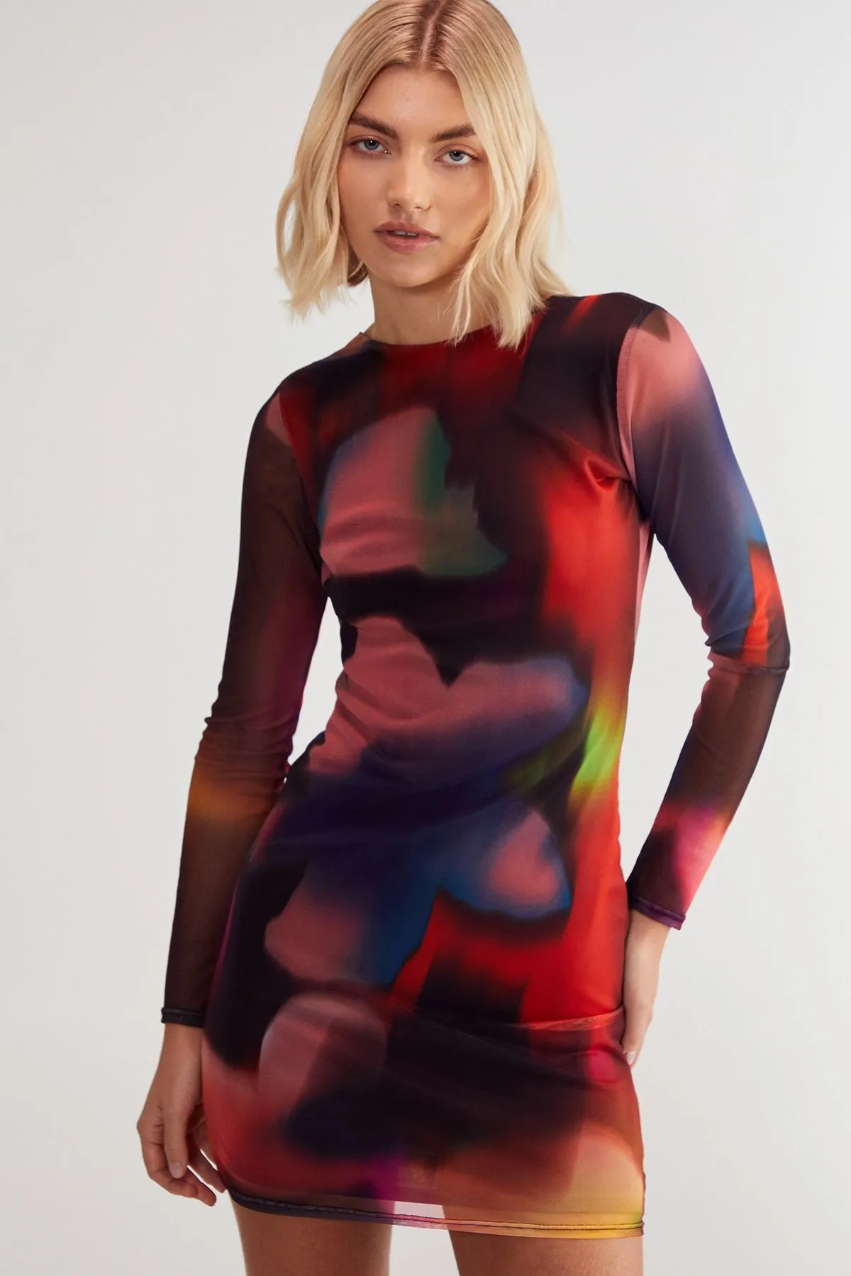 Blurred Printed Mesh Long Sleeve Backless Tunic Mini Dress