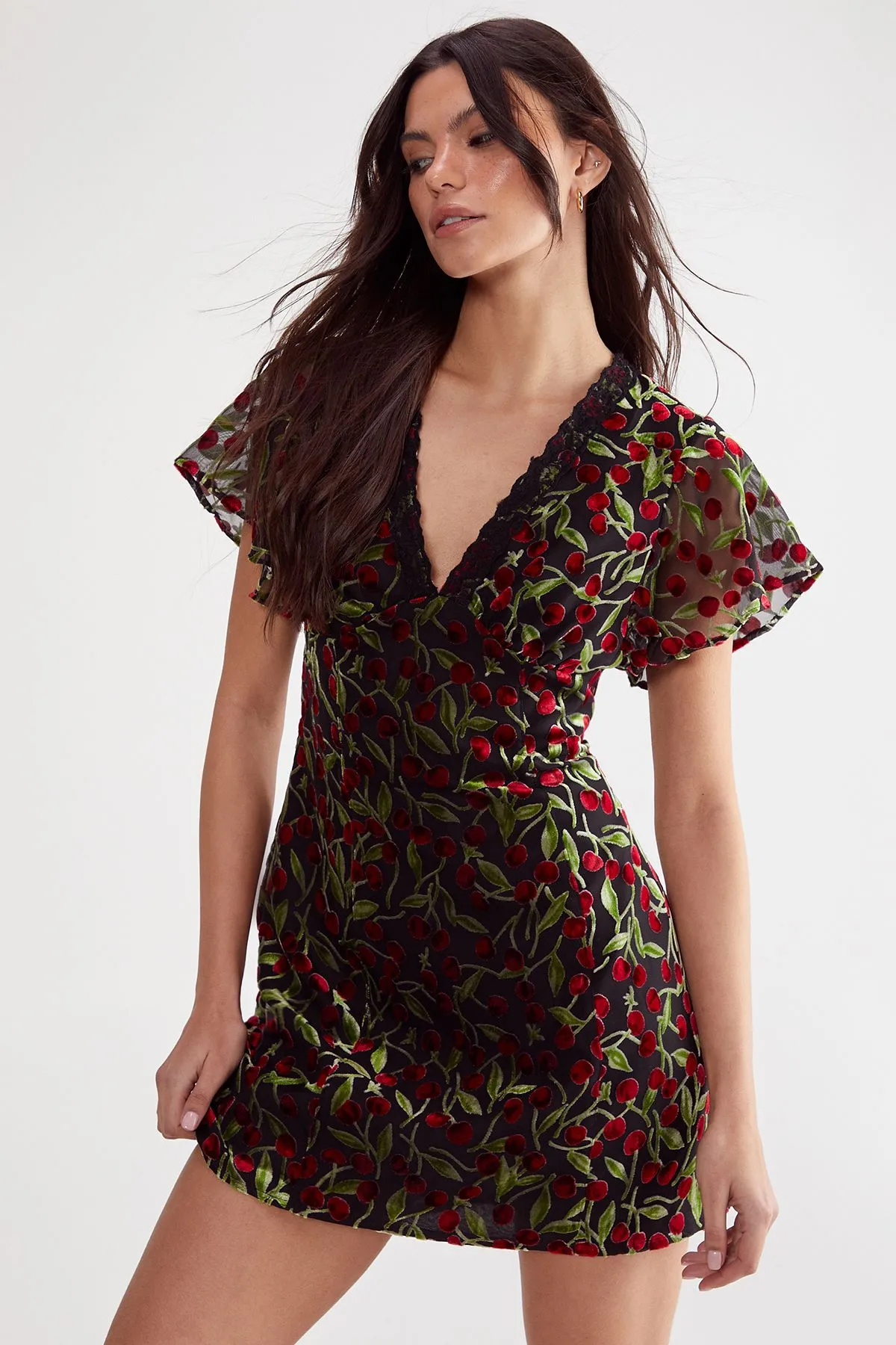 Cherry Devore Lace Trim Open Back Mini Dress