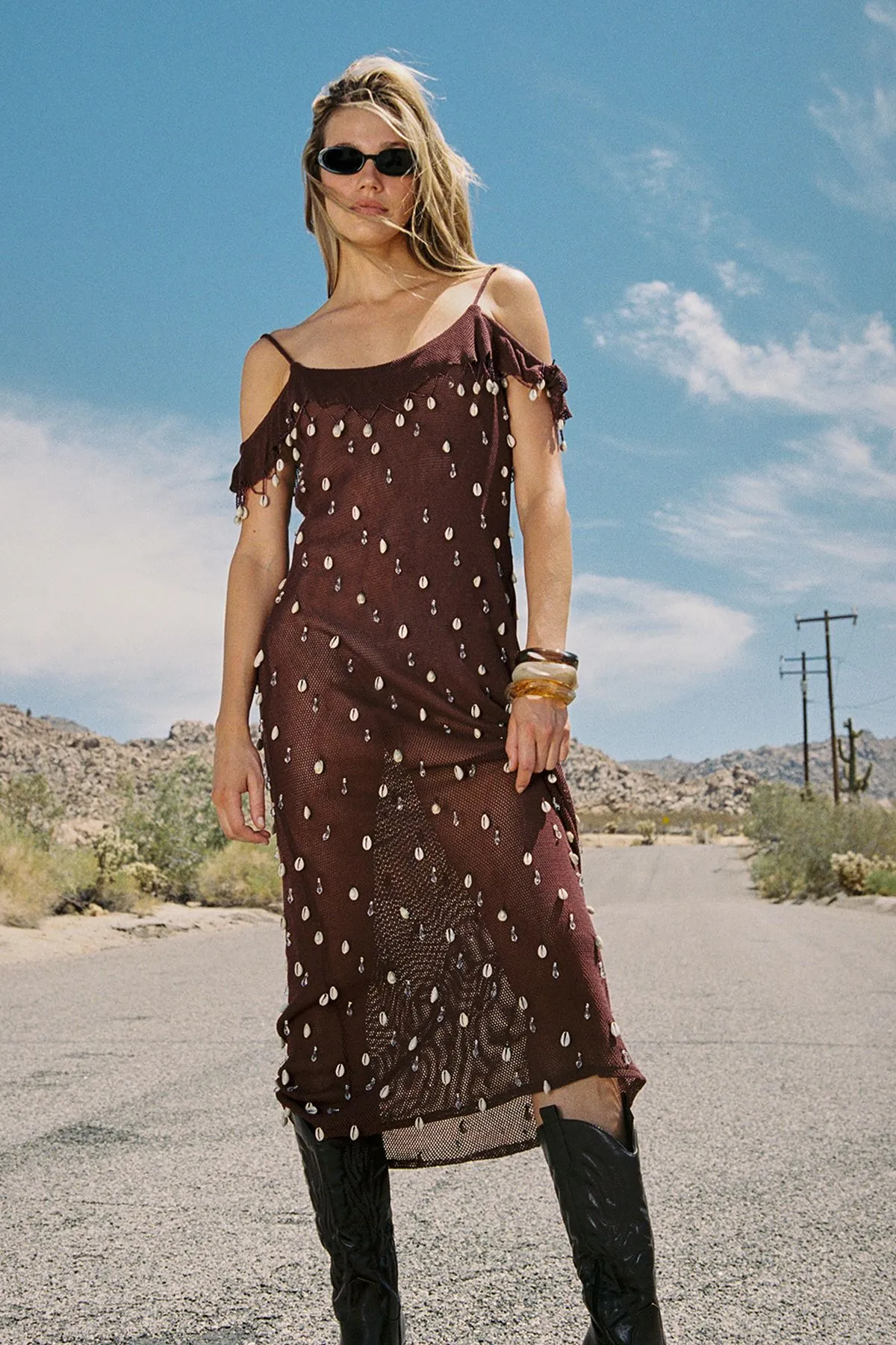 Shell and Droplet Beaded Crochet Bardot Beach Dress