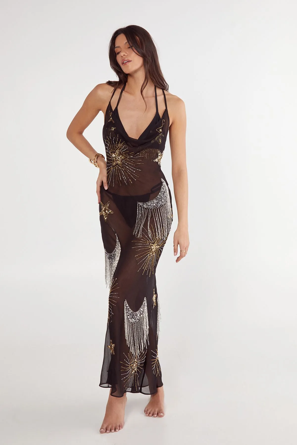 Celestial Embellished Tassel Detail Cowl Maxi Dress