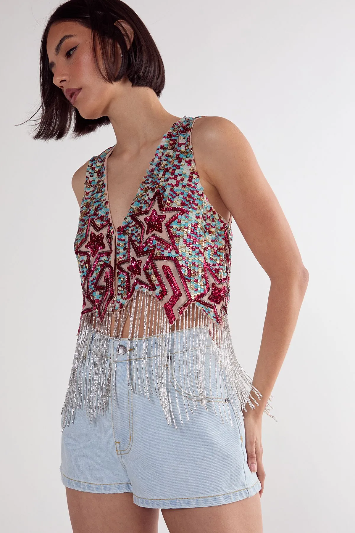 Sequin Star Lightening Bolt Tassel Vest