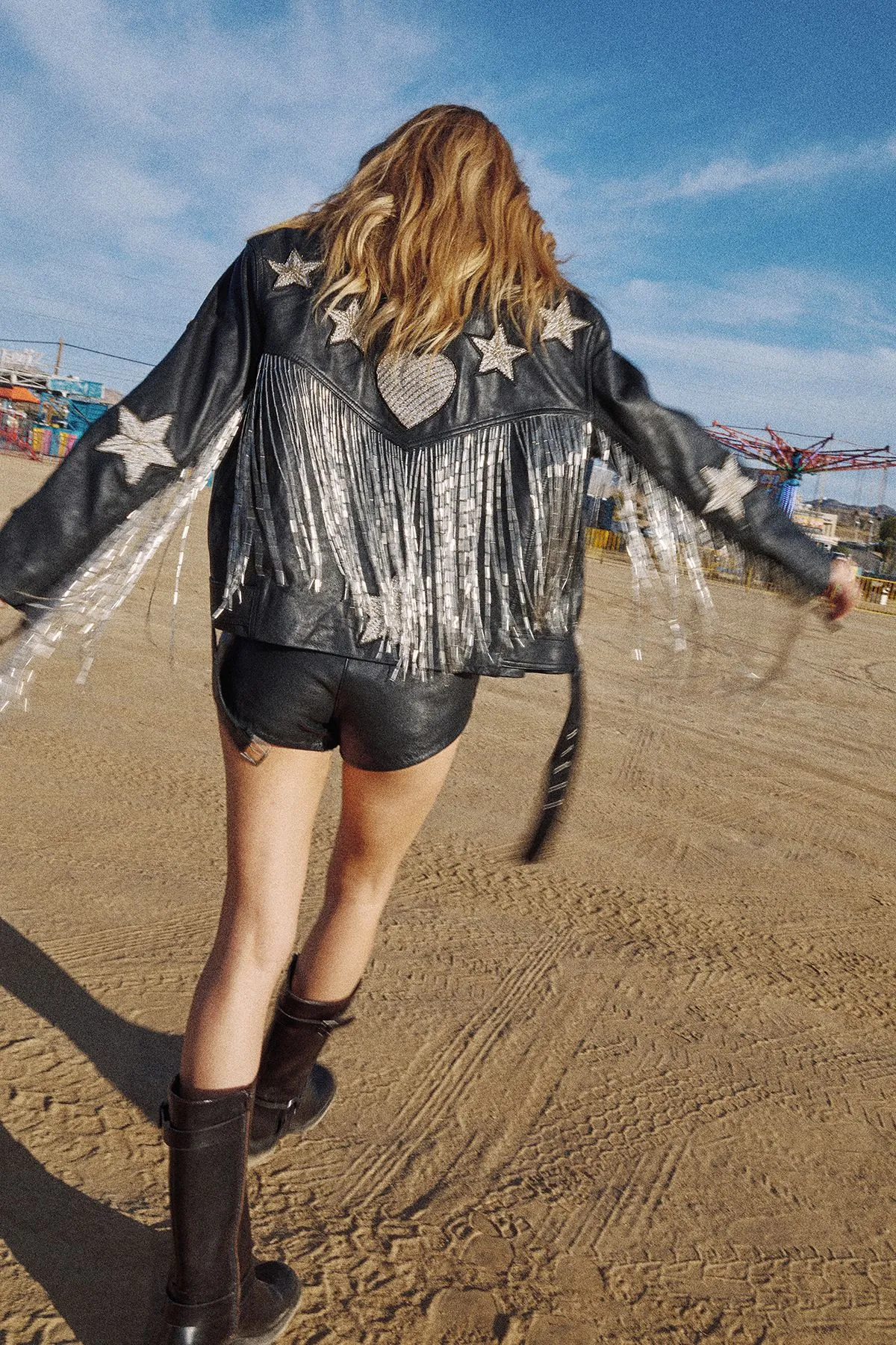 Real Leather Star and Heart Patched Tassel Oversized Jacket