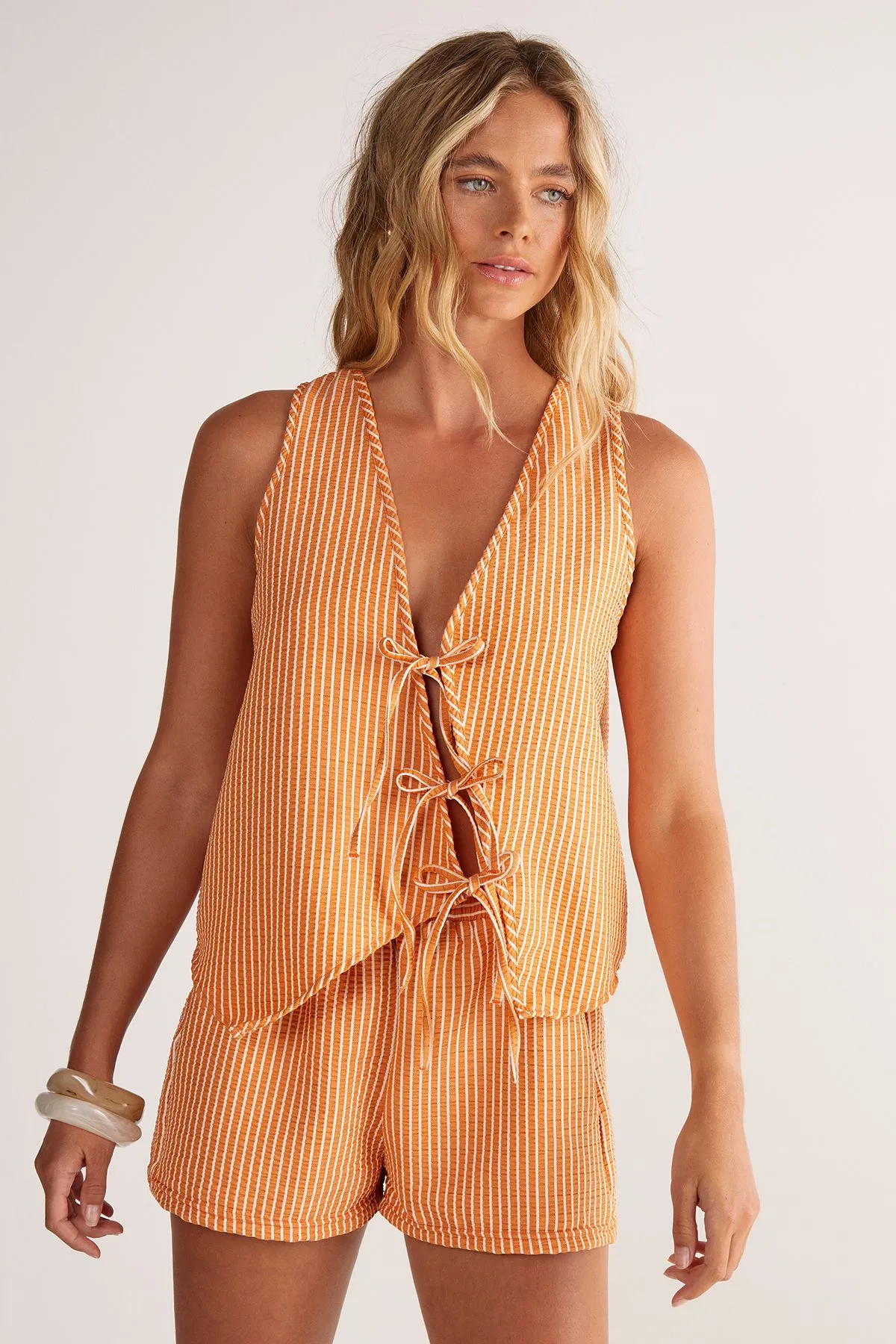 Textured Stripe Asymmetric Tie Front Vest