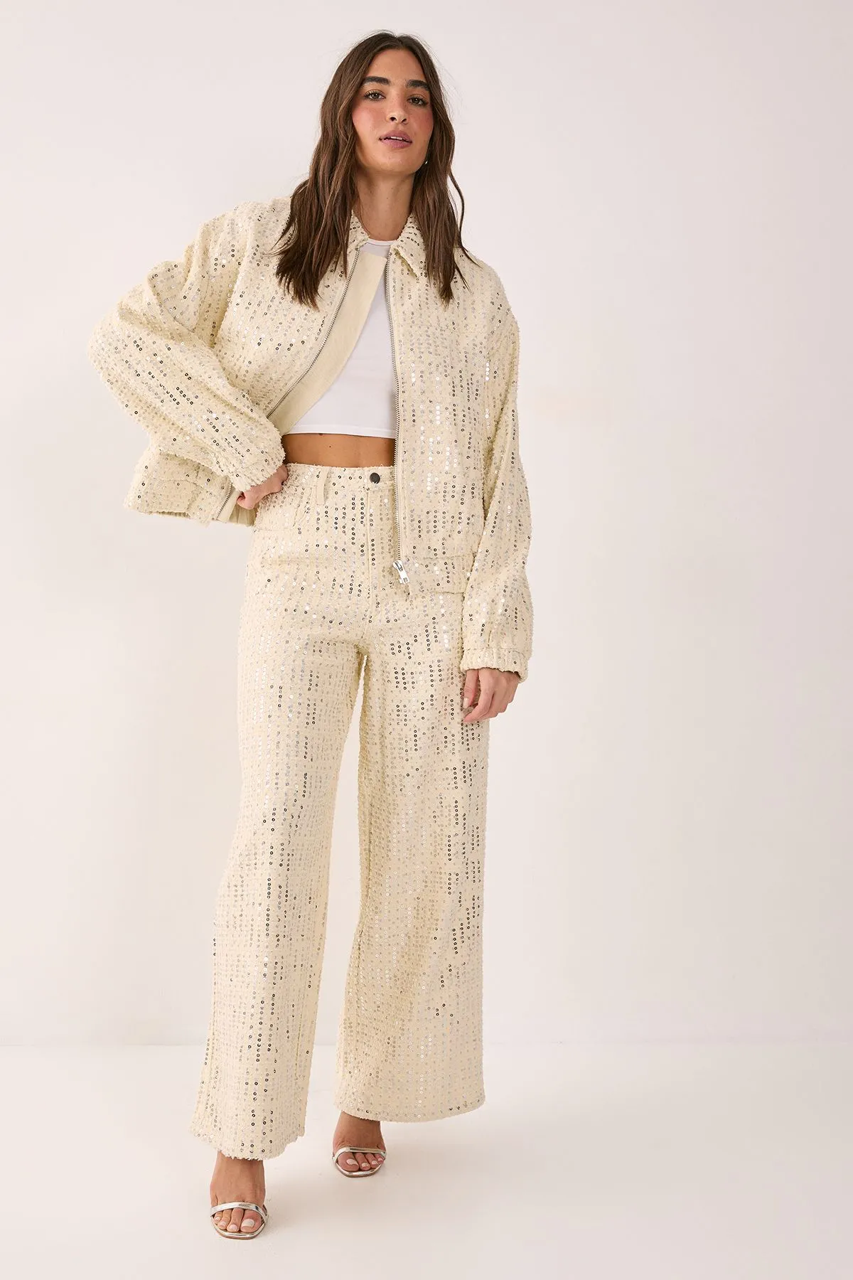 Denim Sequin Wide Leg Jeans