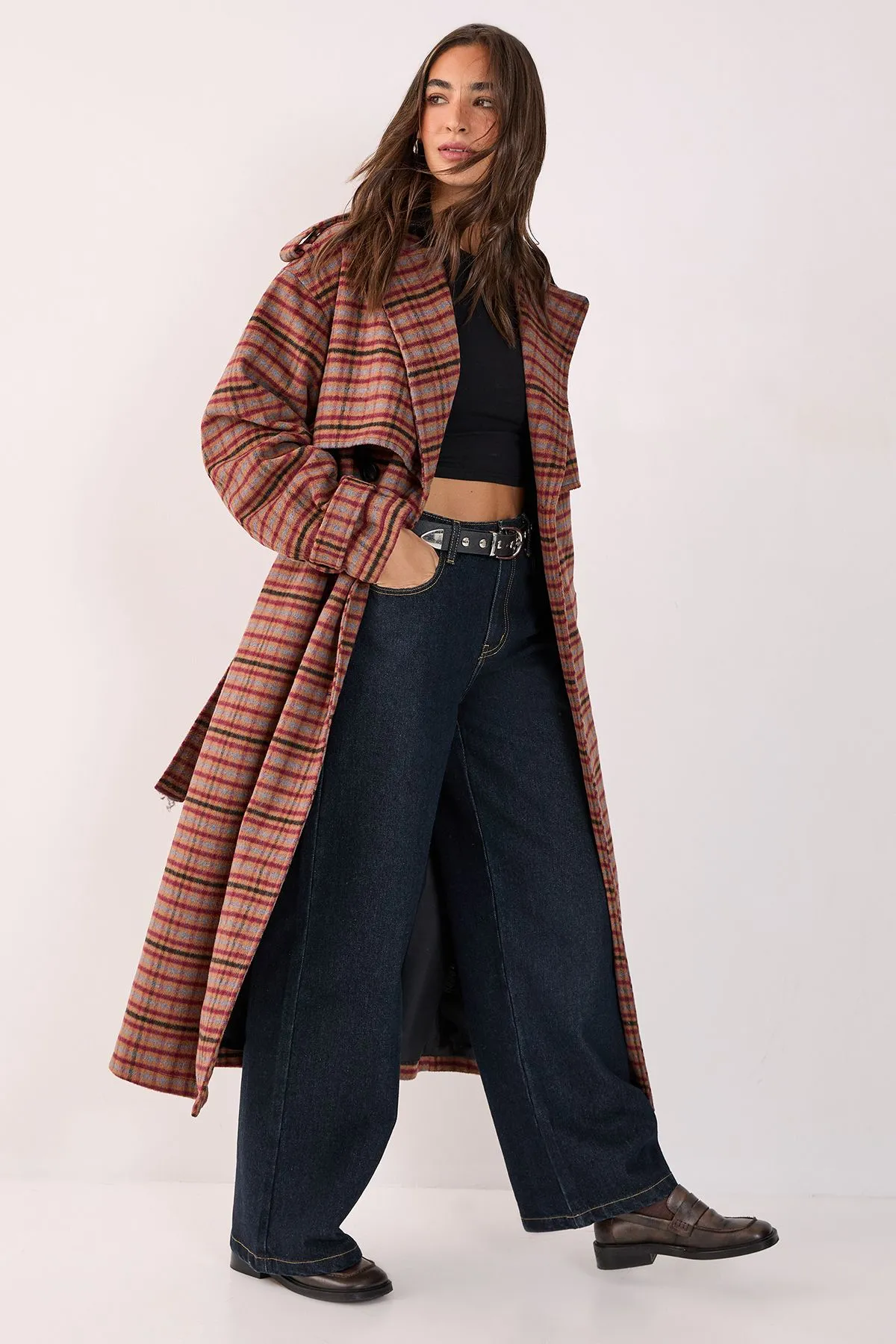 Check Vinyl Collar Trench Coat