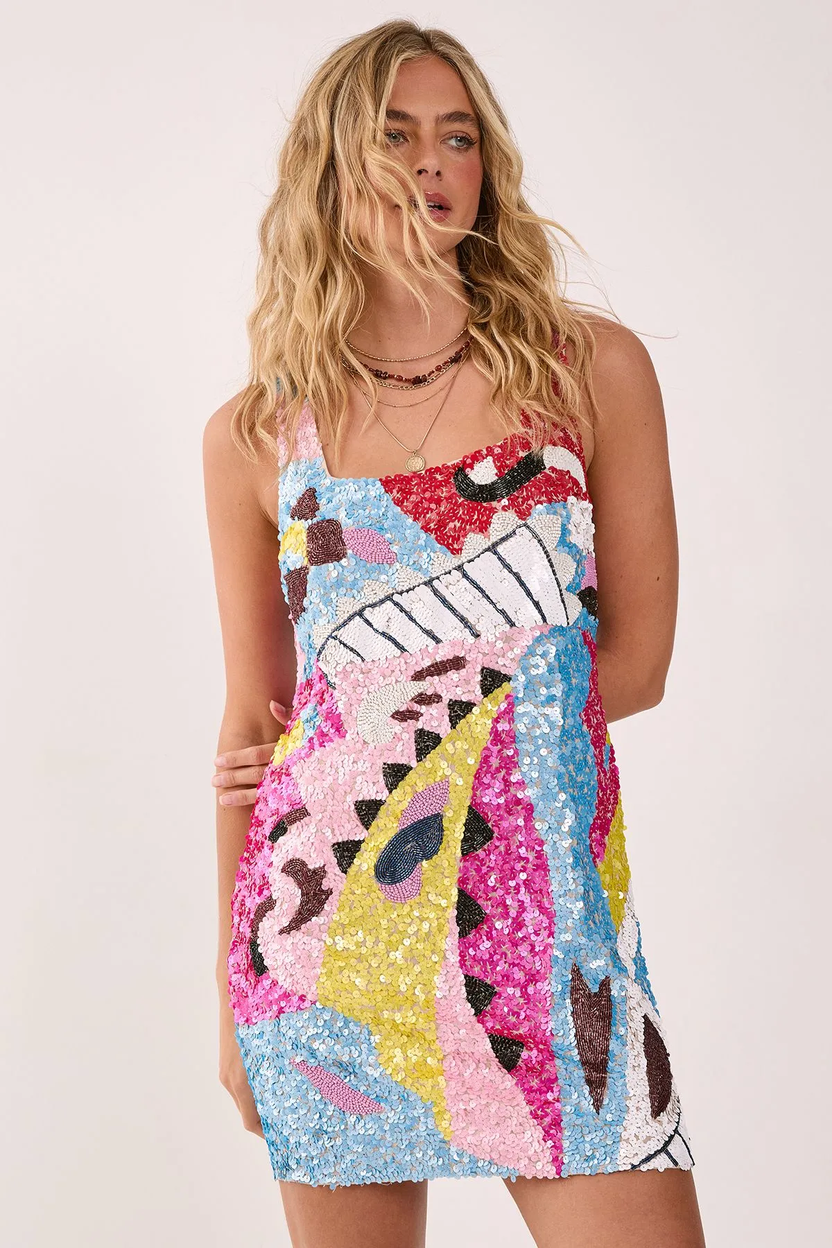 Abstract Placement Embellished Square Neck Mini Dress
