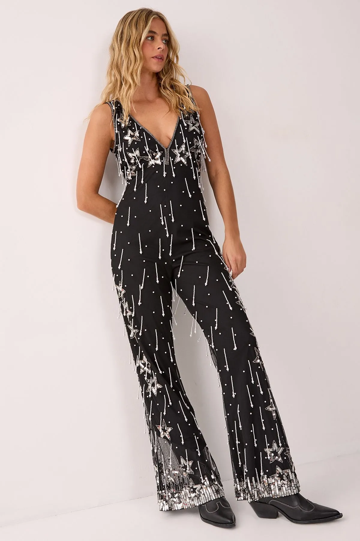 Star Sequin Pearl Droplet Plunge Jumpsuit