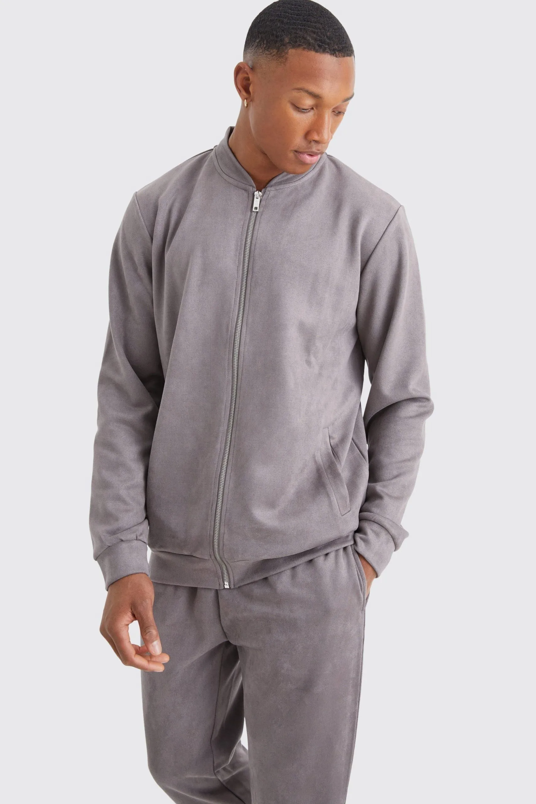 Regular Fit Faux Suede Zip Smart Bomber Jacket