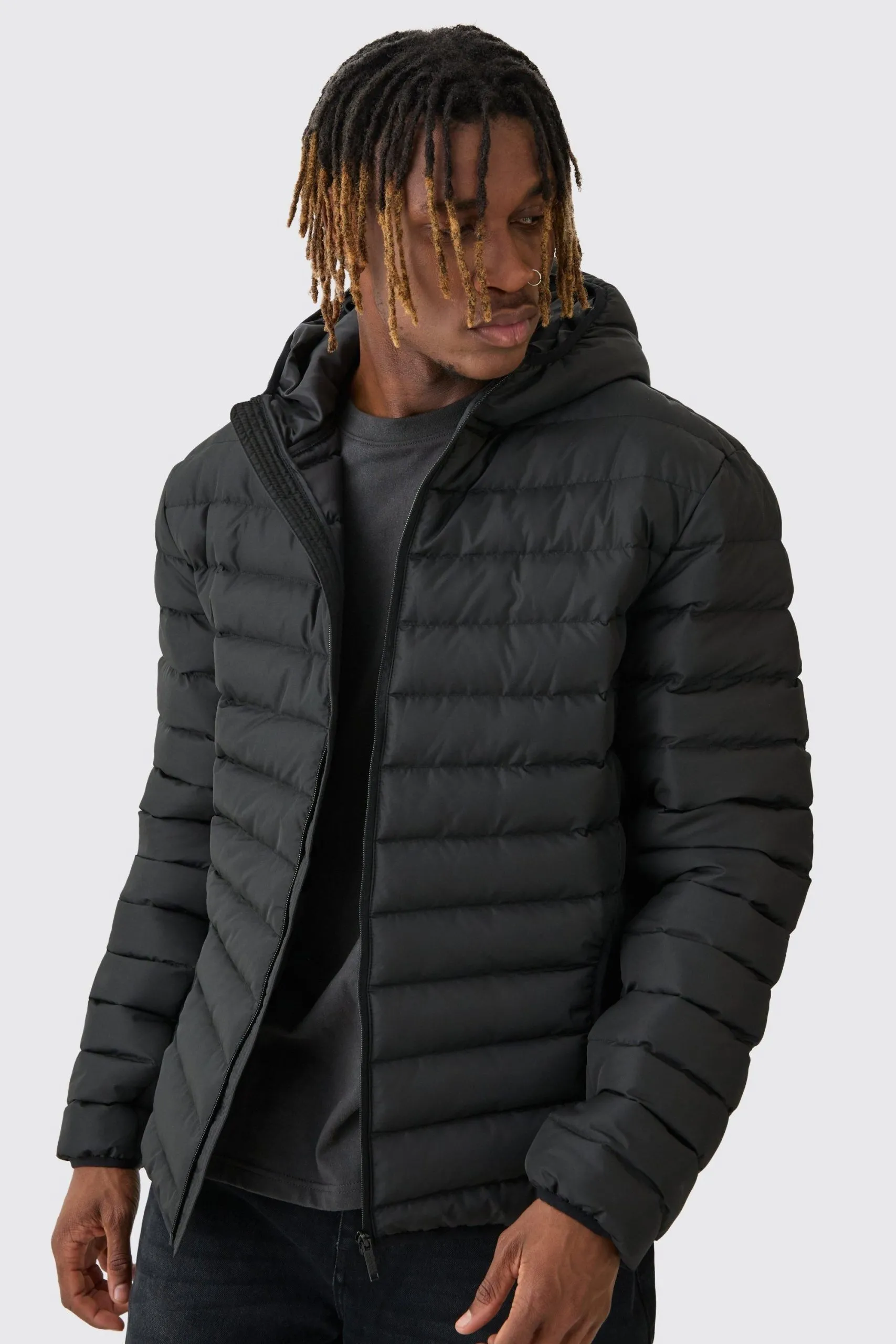 Tall Zip Through Hooded Puffer Jacket In Black