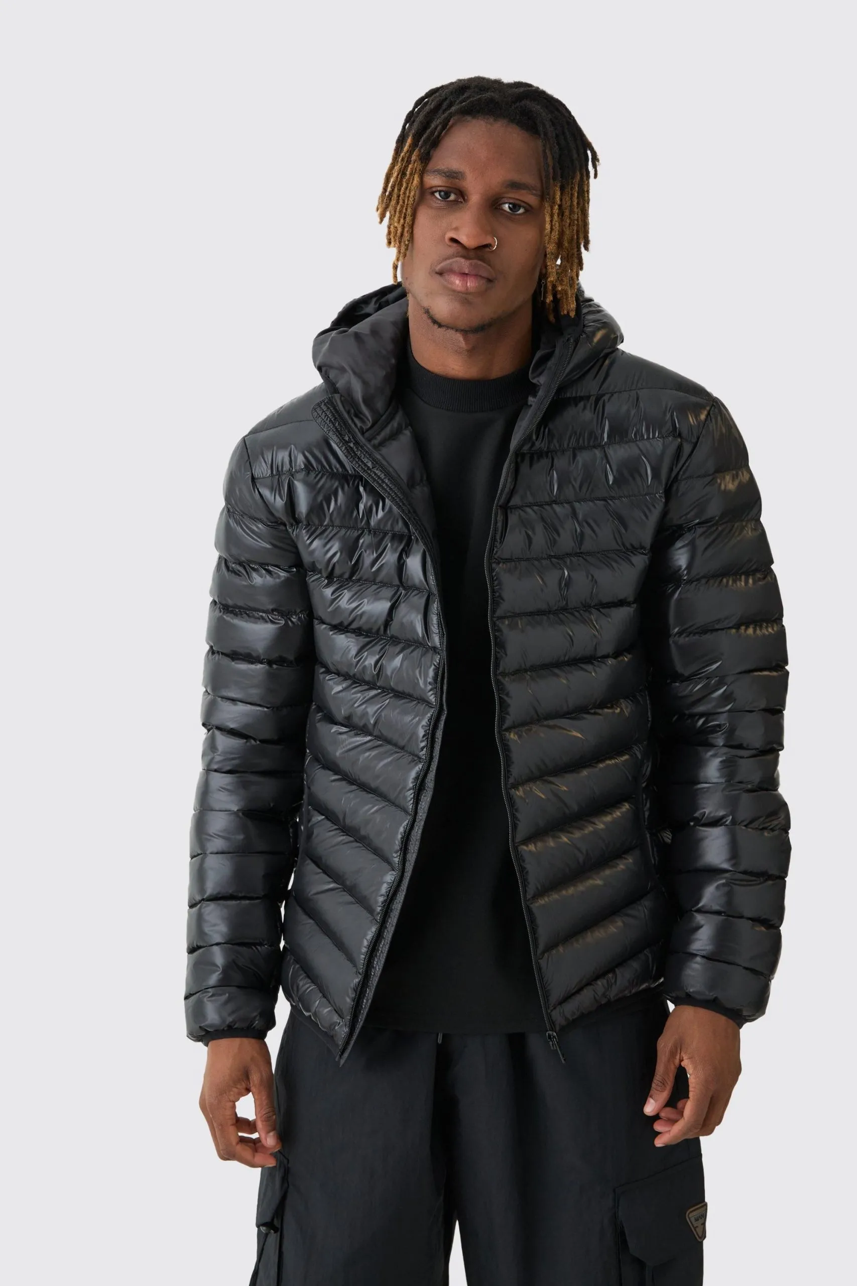 Tall High Shine Hooded Puffer Jacket In Black
