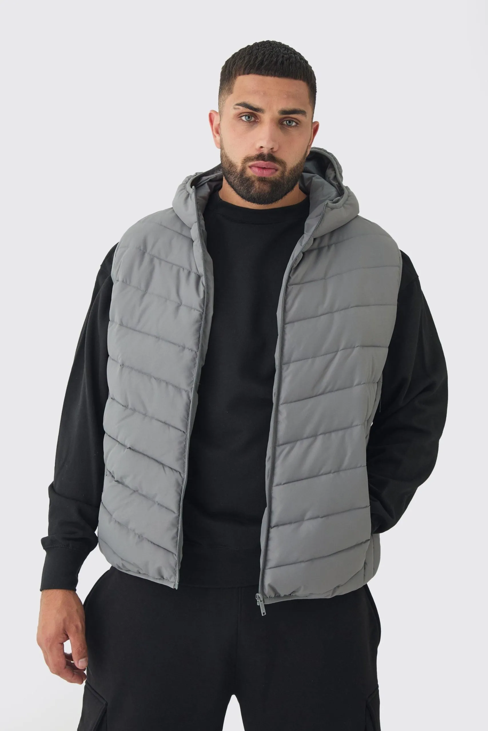 Plus Quilted Zip Through Hooded Regular Fit Gilet In Charcoal